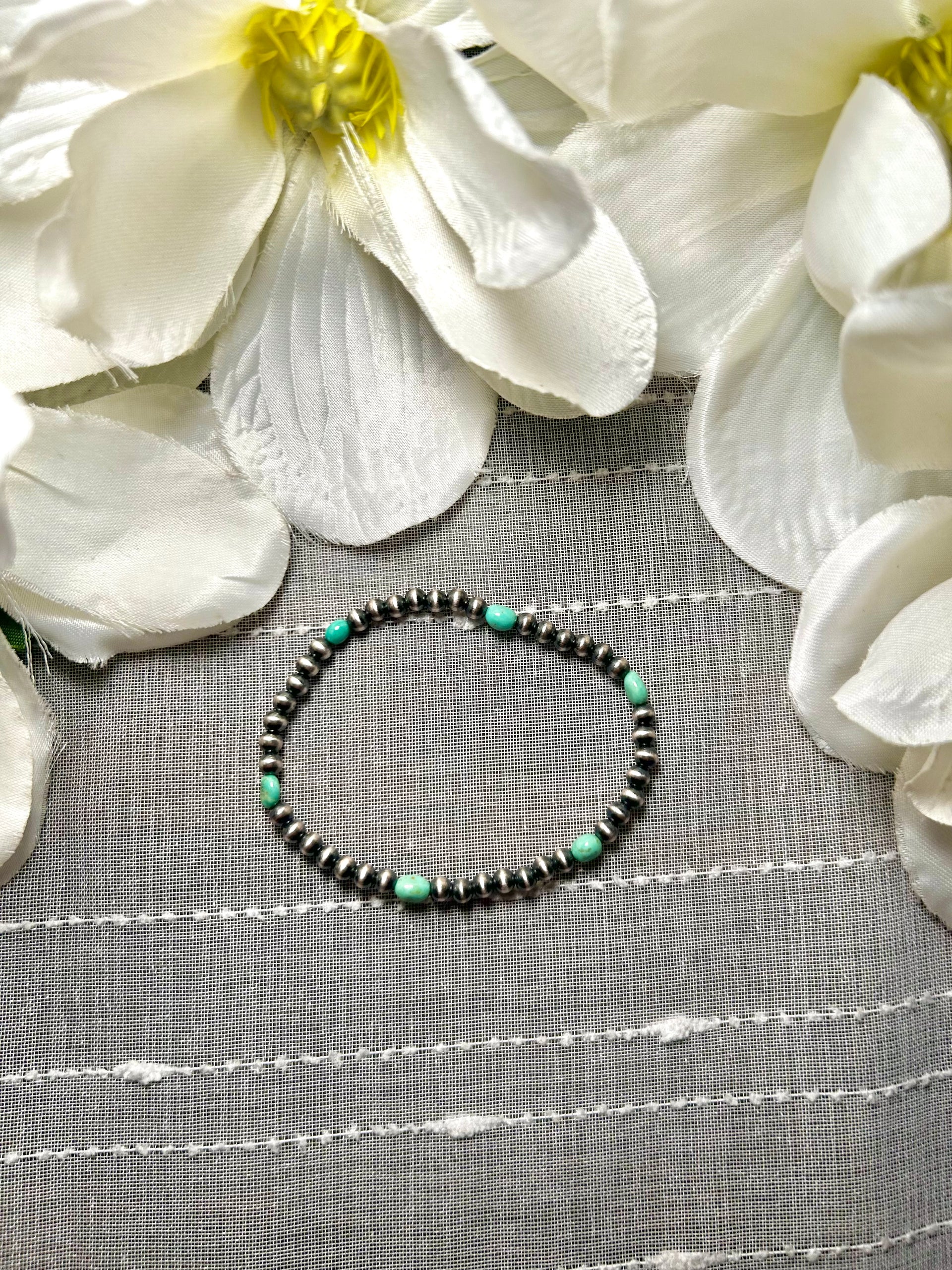 Navajo Made Kingman Turquoise & Sterling Silver Strung Stretchy Bracelet