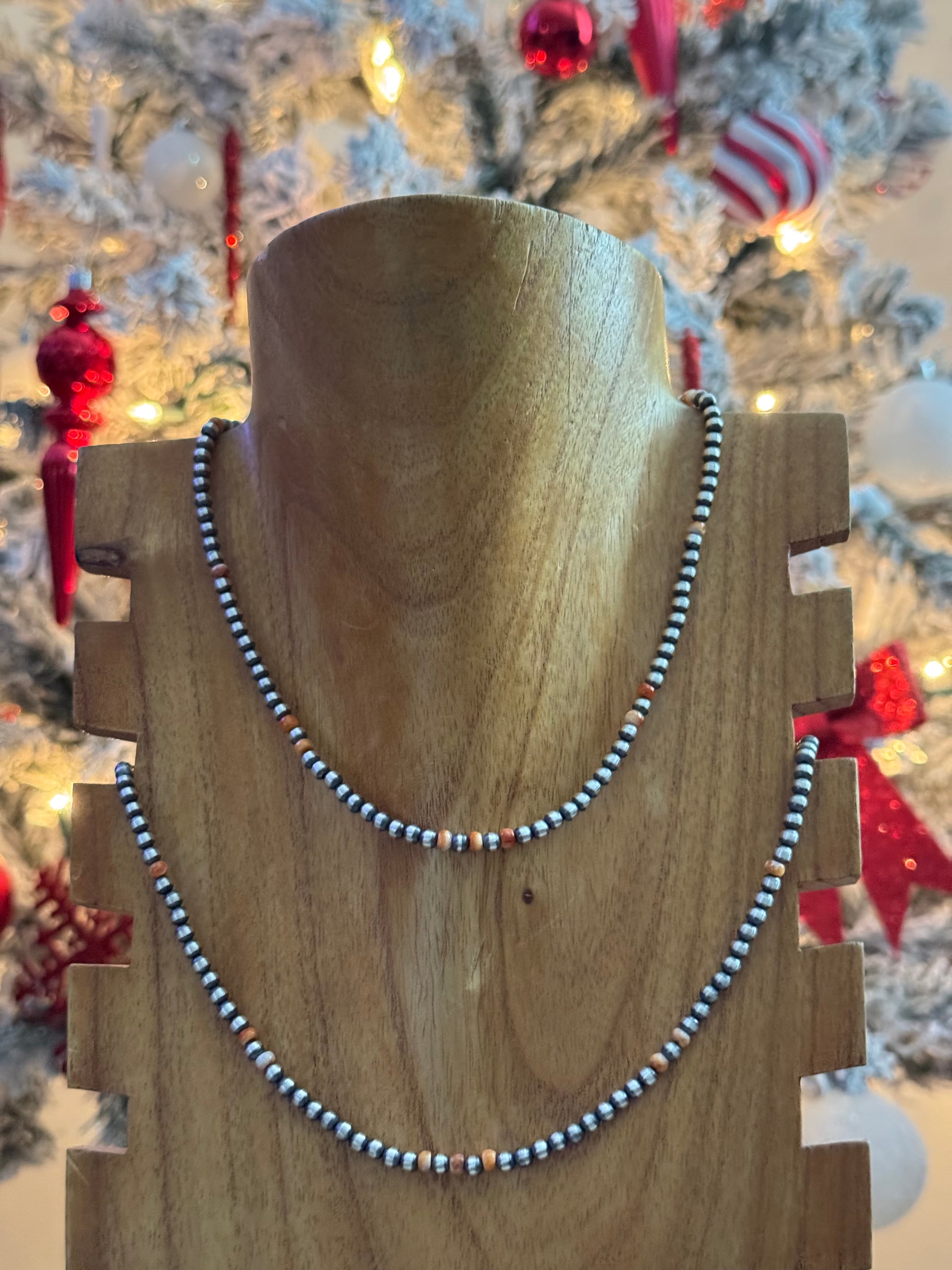 Navajo Strung Red/Orange Spiny Oyster & Sterling Silver Pearl Necklace