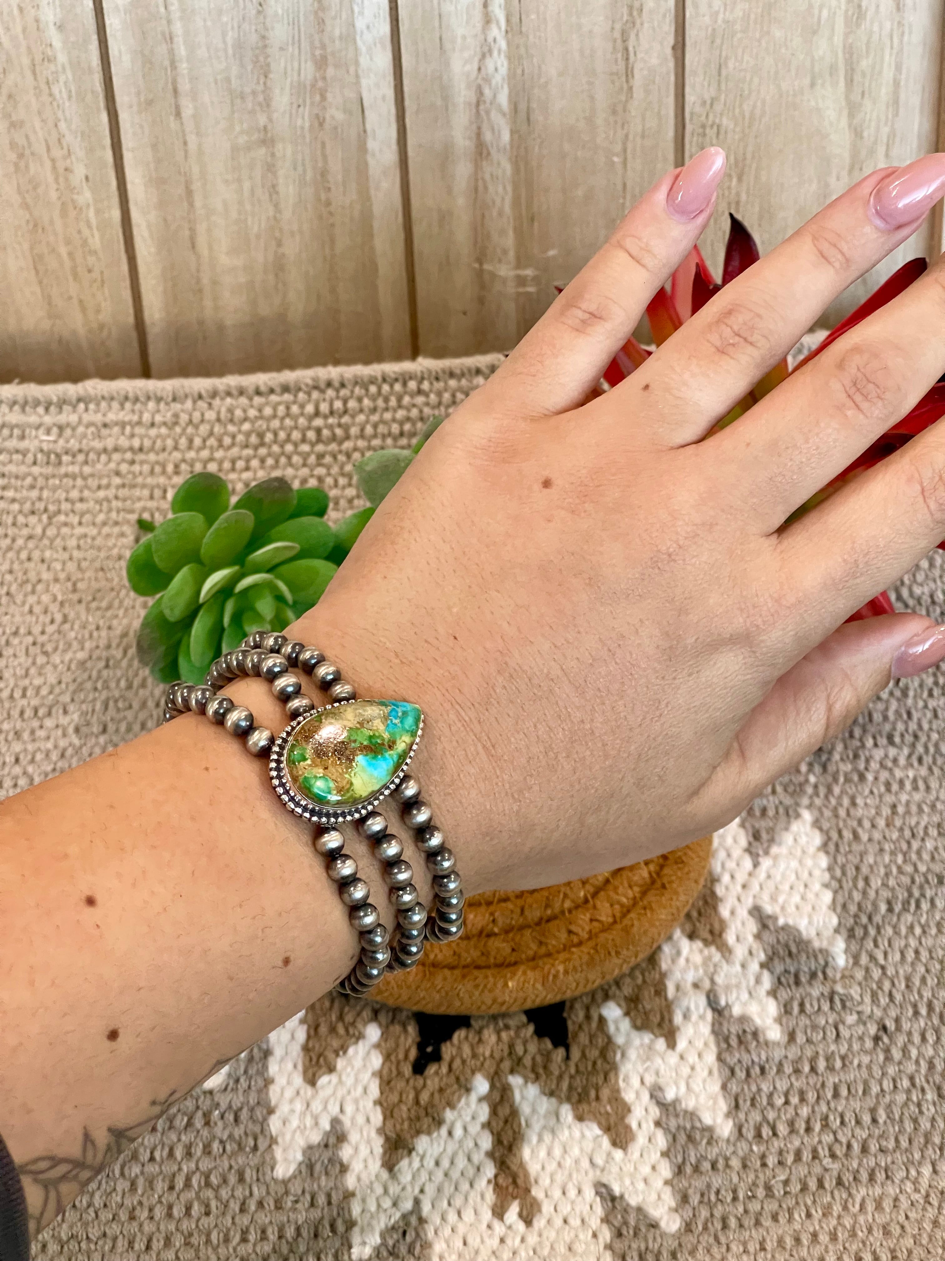 Southwest Handmade Sonoran Mountain Turquoise & Sterling Silver 3 Strand Beaded Stretch Bracelet