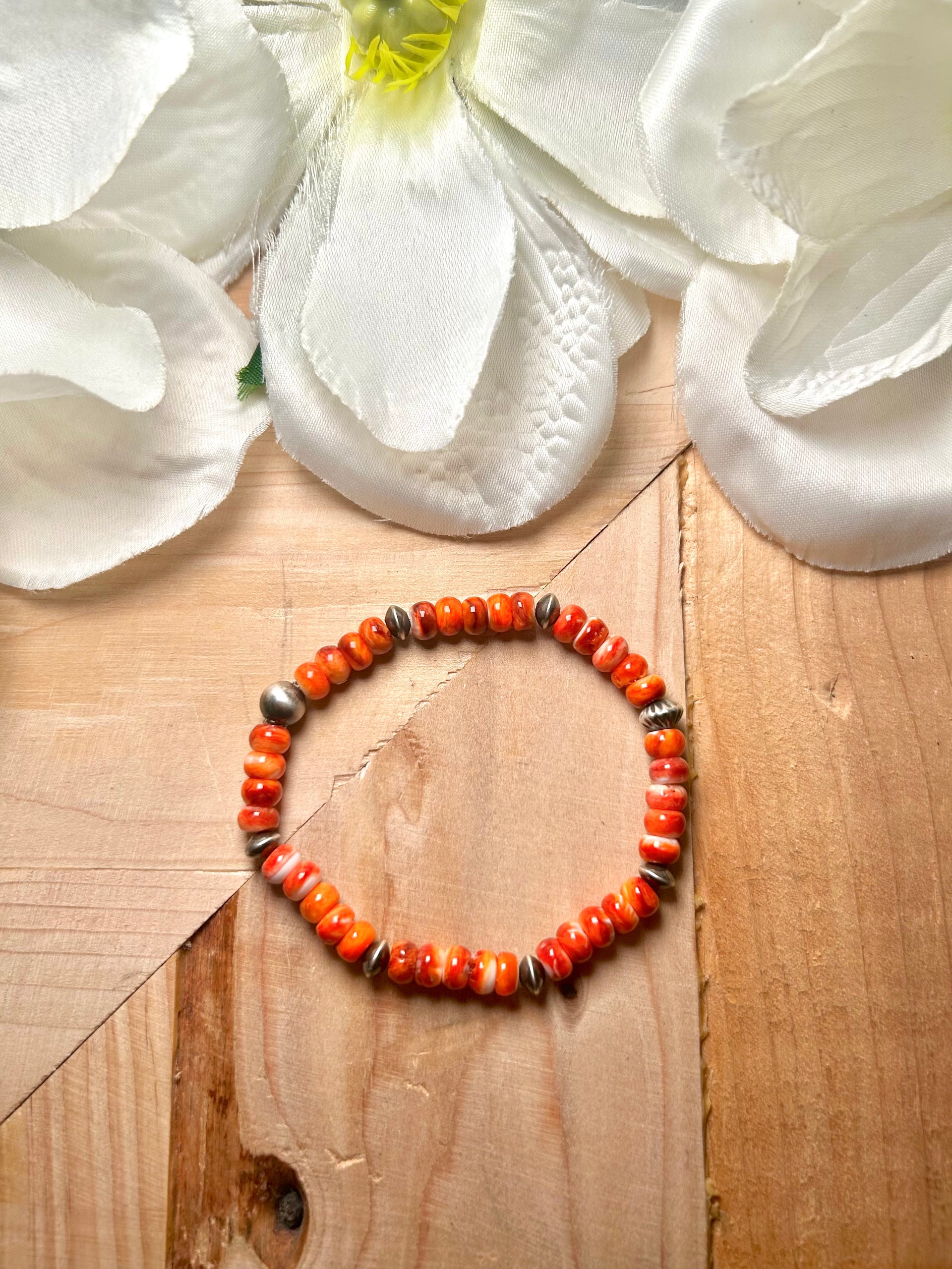 Mary Salazar Spiny Oyster & Sterling Silver Strung Stretchy Bracelet