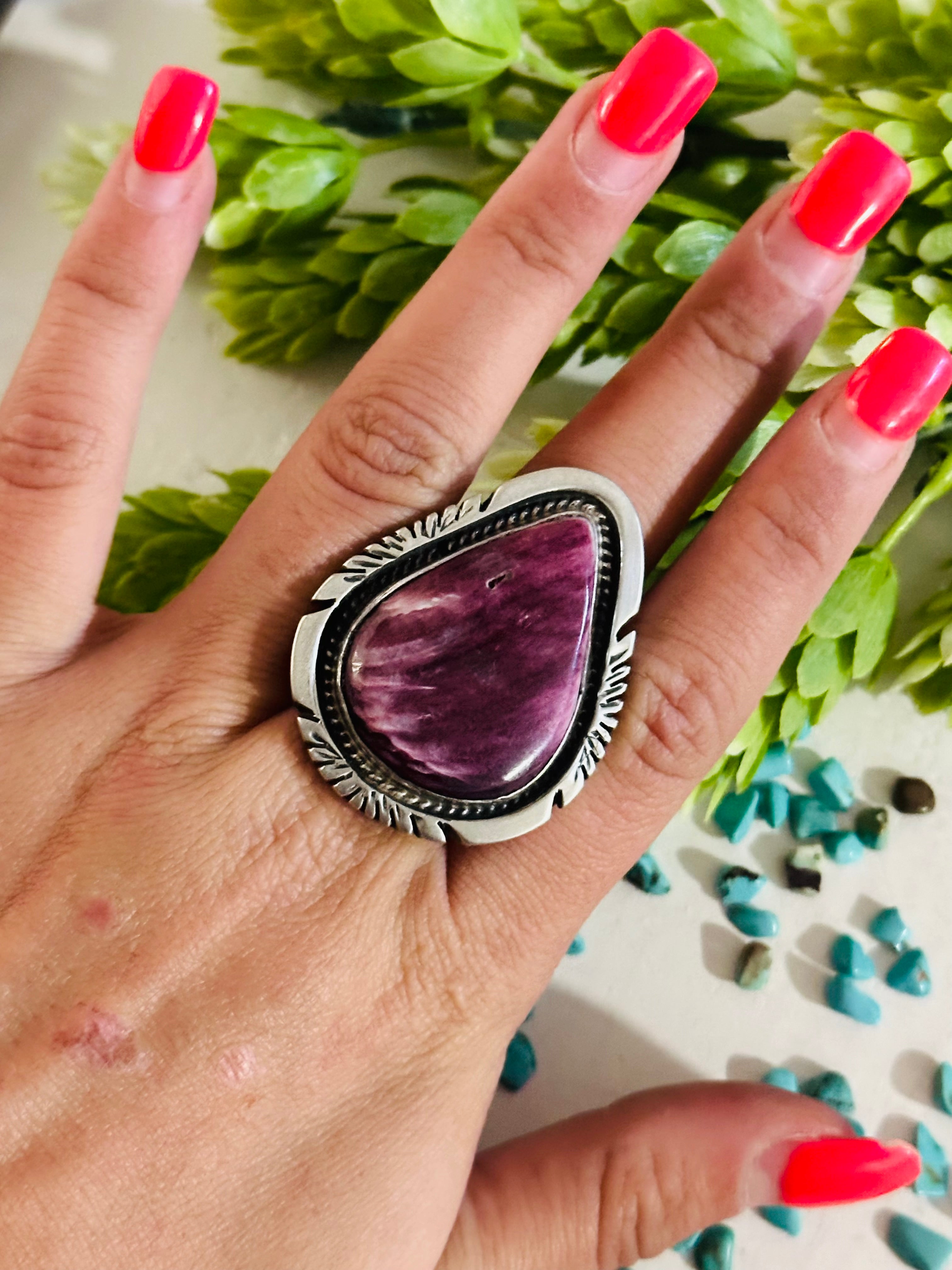 Navajo Made Purple Spiny Oyster & Sterling Silver Ring Size 9