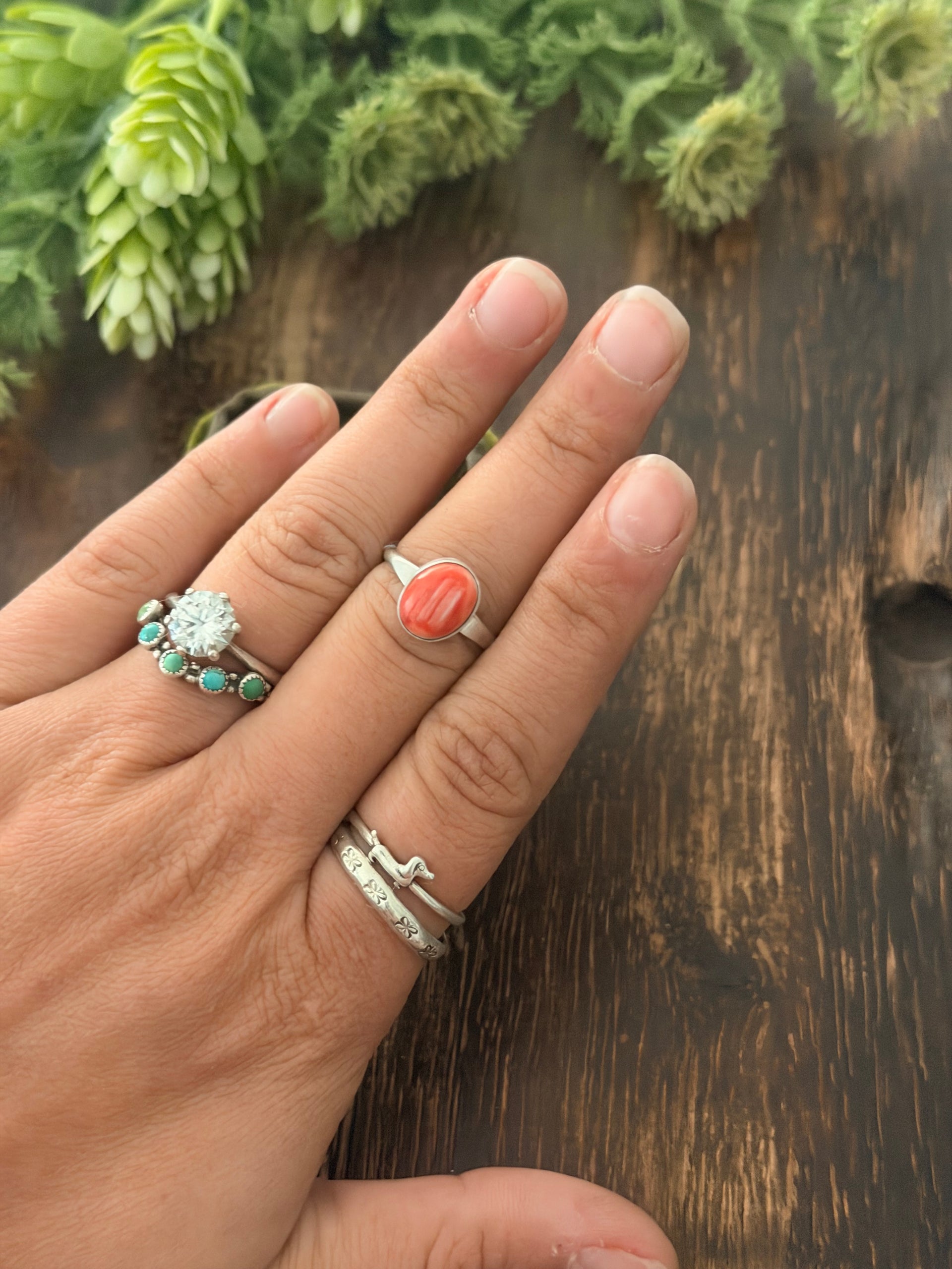 Navajo Made Spiny Oyster & Sterling Silver Ring Size 7.25