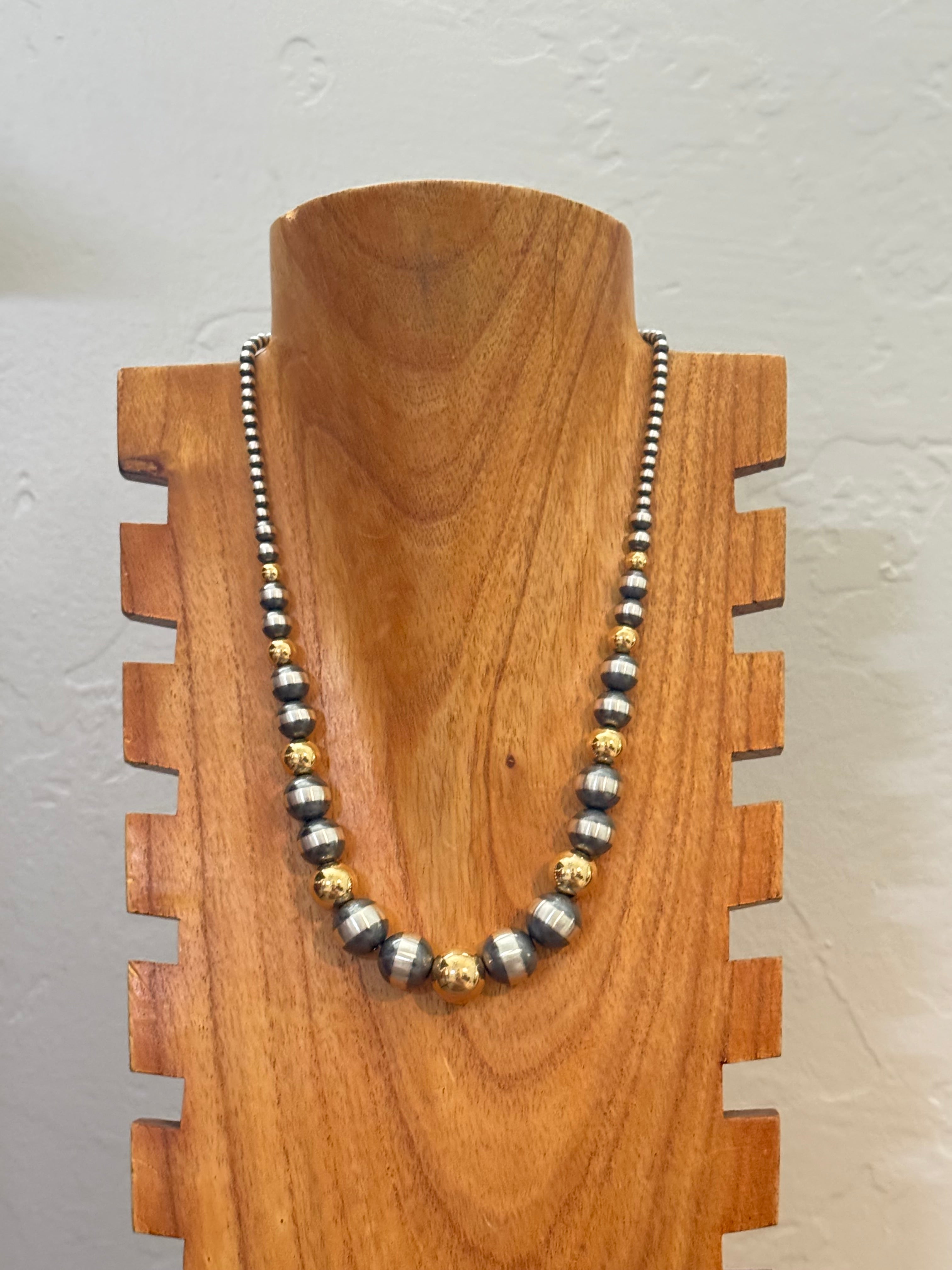 Navajo STRUNG Sterling Silver & 14 kt Gold Plate Graduated Pearl Necklace