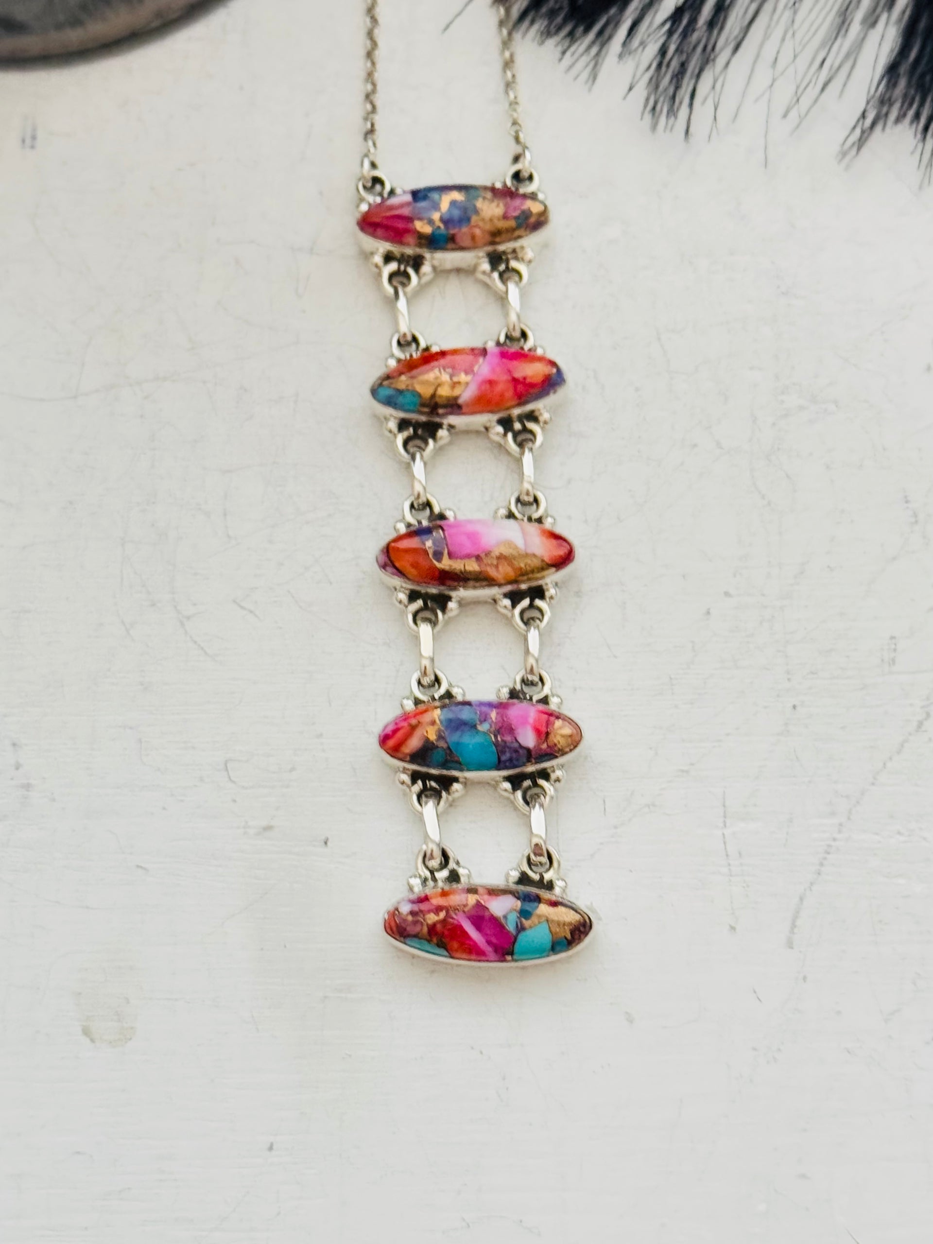 Southwest Handmade Pink Mohave & Sterling Silver Cluster Necklace