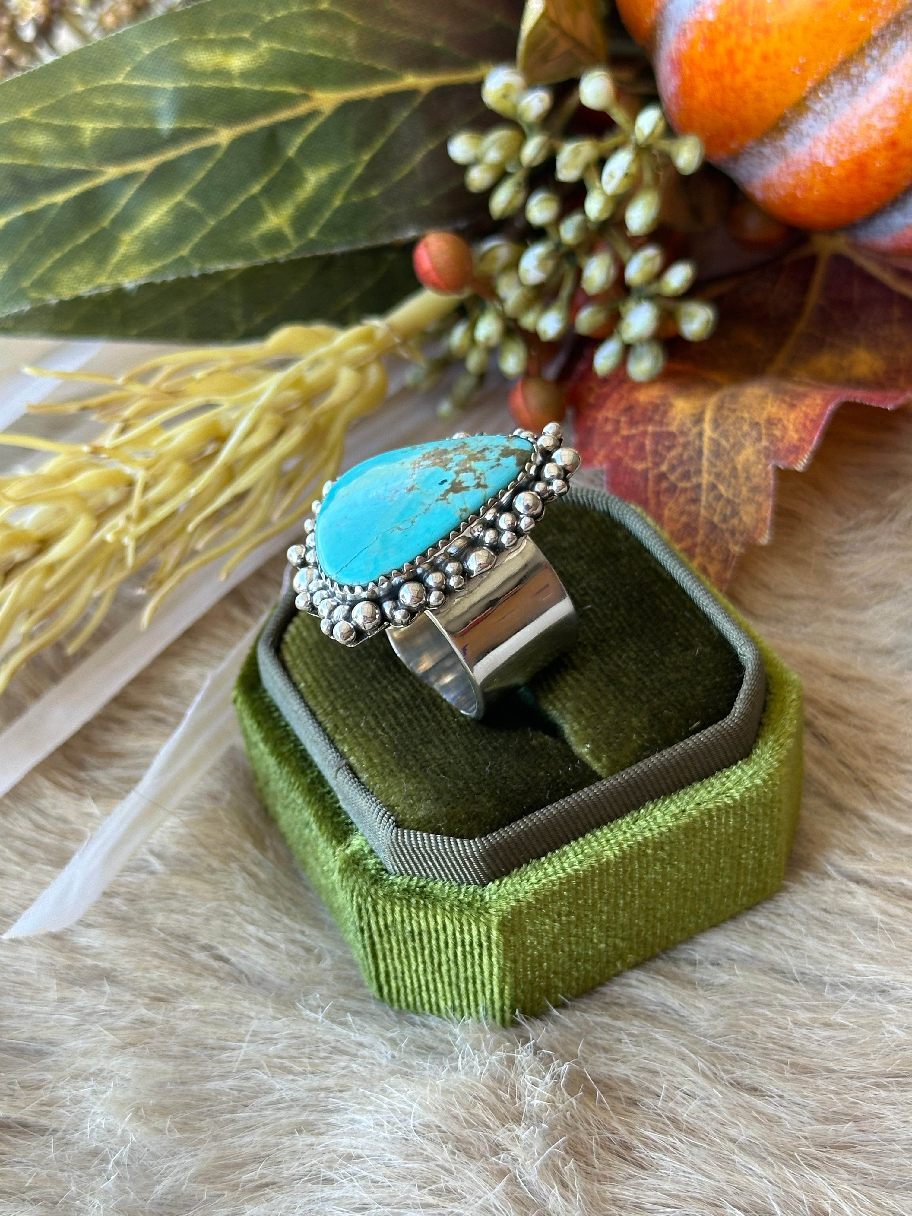 Southwest Handmade #8 Turquoise & Sterling Silver Adjustable Ring