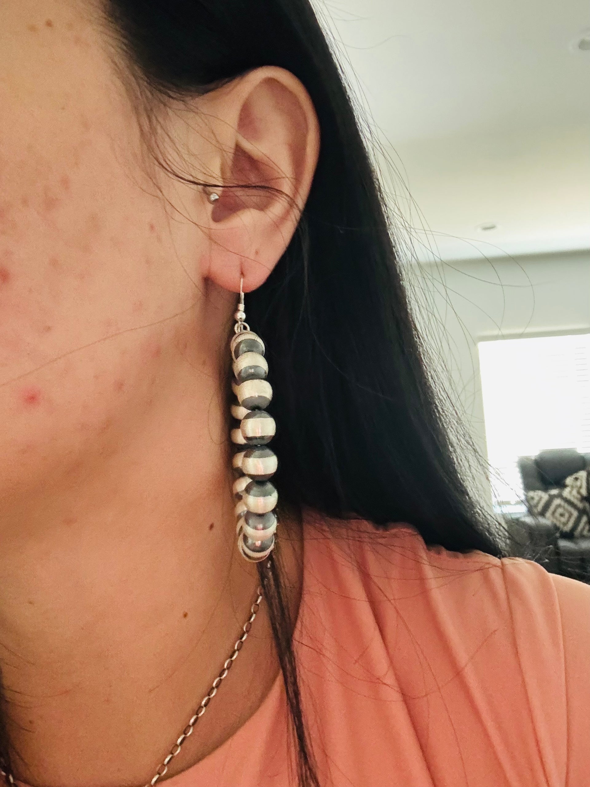 Navajo Strung Sterling Silver Pearls Dangle Earrings