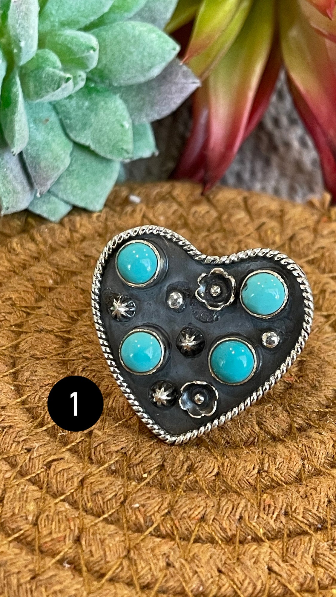 Southwest Handmade Kingman Turquoise & Sterling Silver Adjustable Heart Ring