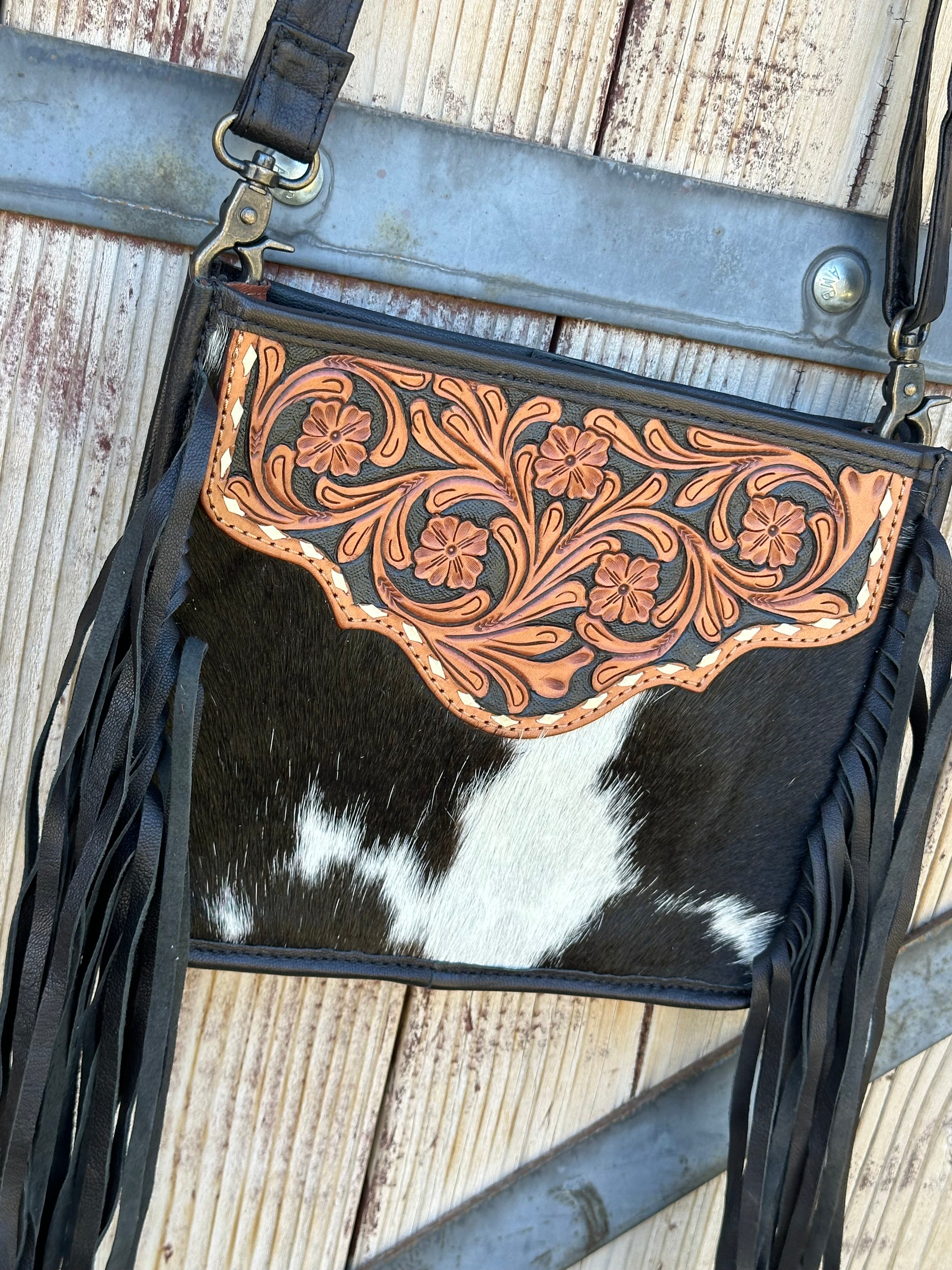 Genuine Tooled Leather & Cowhide Fringe Purse