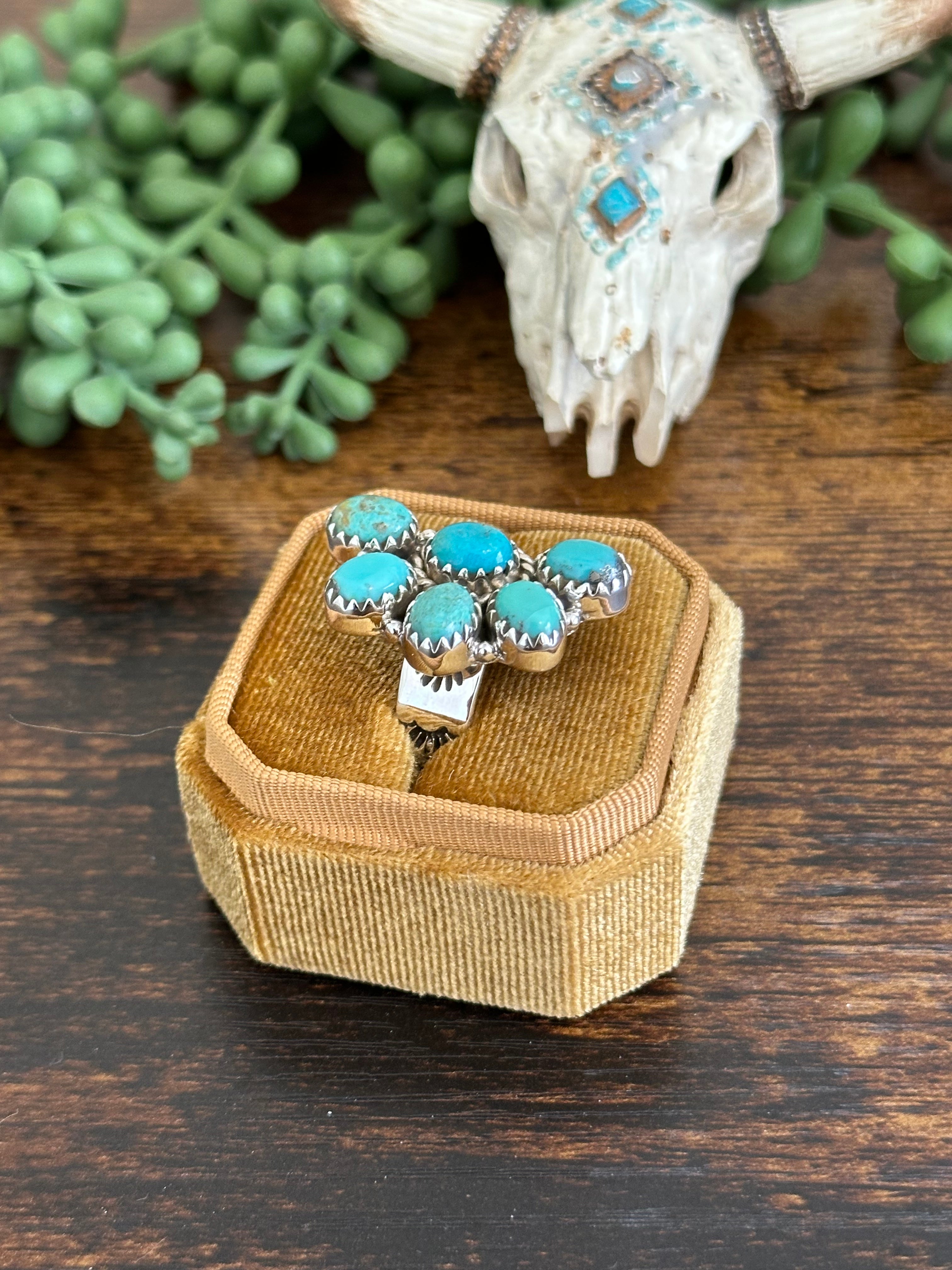 Southwest Handmade Kingman Turquoise & Sterling Silver Adjustable Cluster Ring