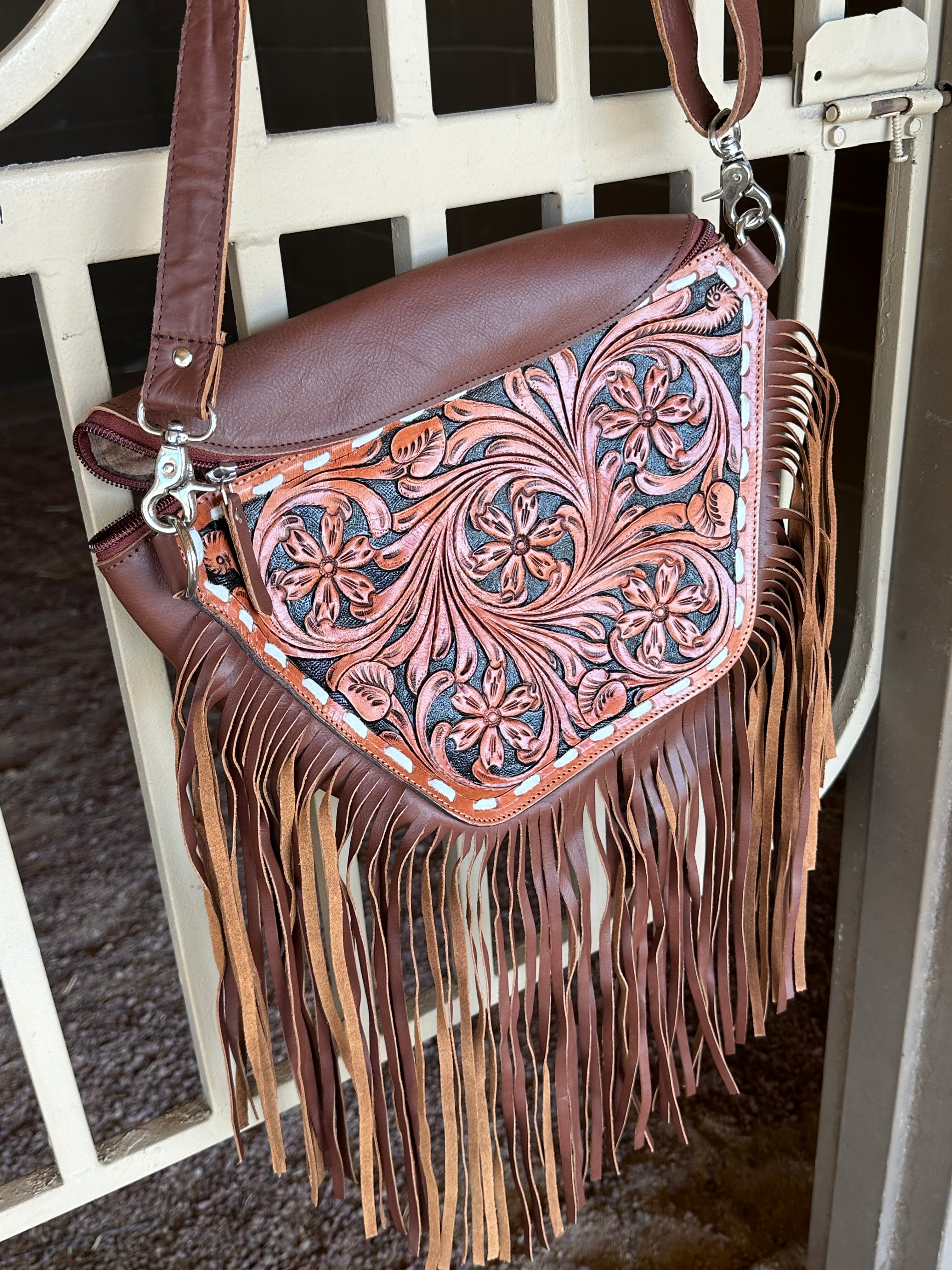 Genuine Tooled Leather Fringe Purse