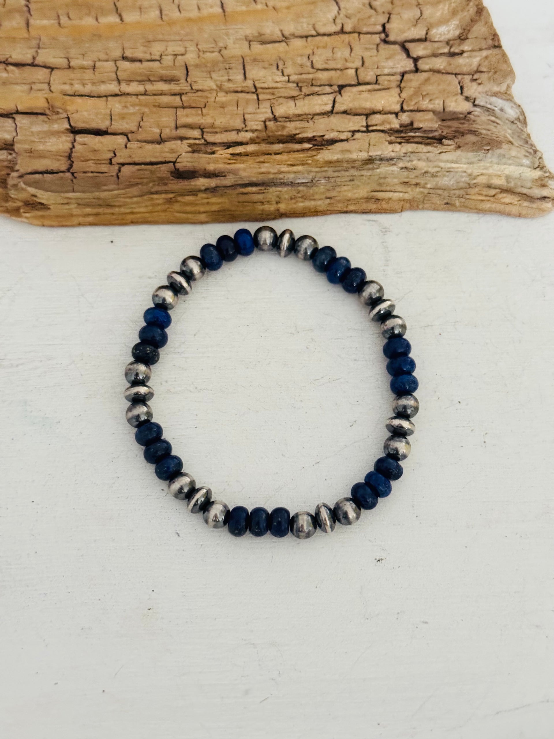 Navajo Strung Lapis & Sterling Silver Pearl Beaded Stretch Bracelet