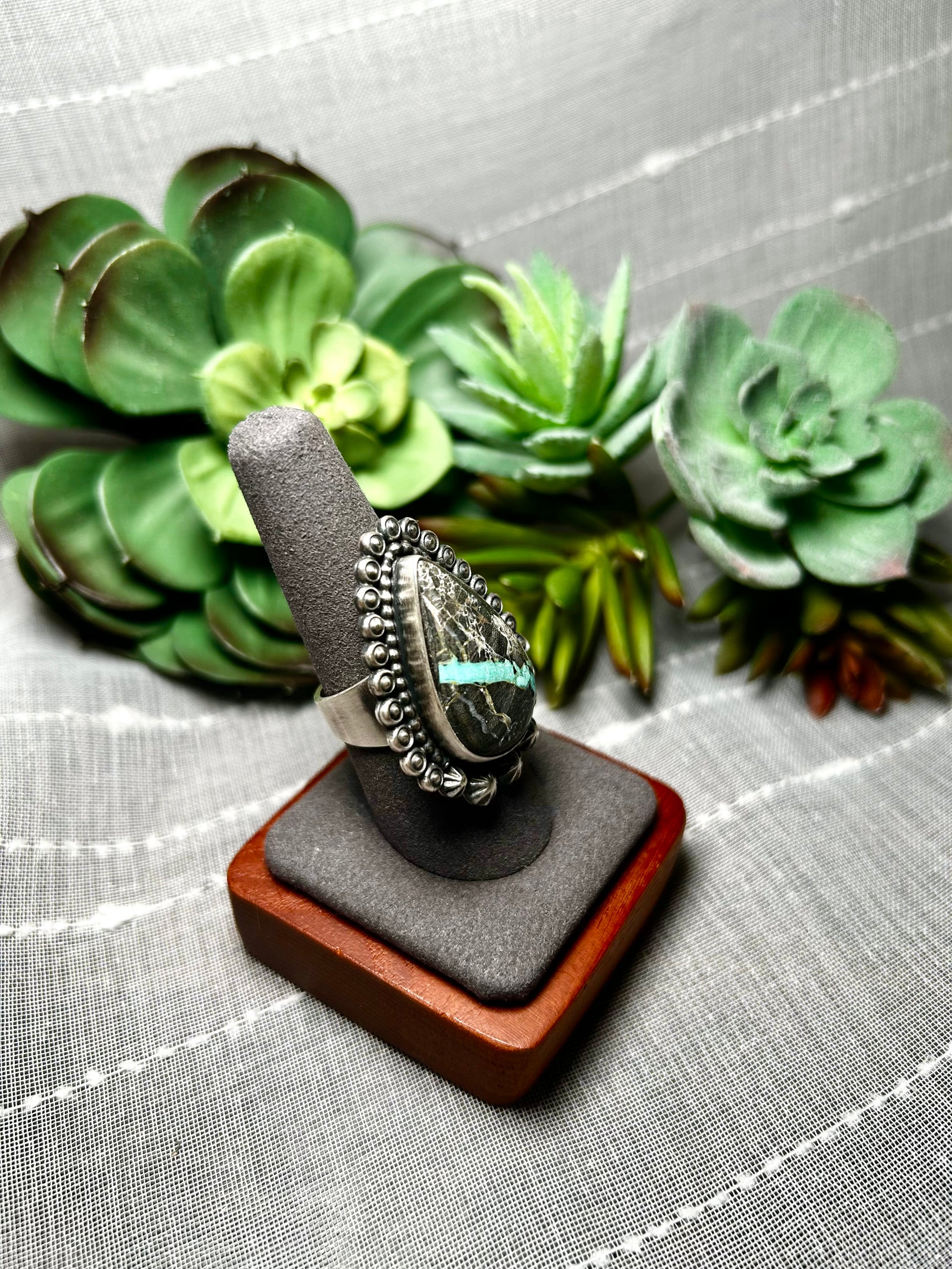Navajo Made Black Jack Turquoise & Sterling Silver Ring Size 8.5