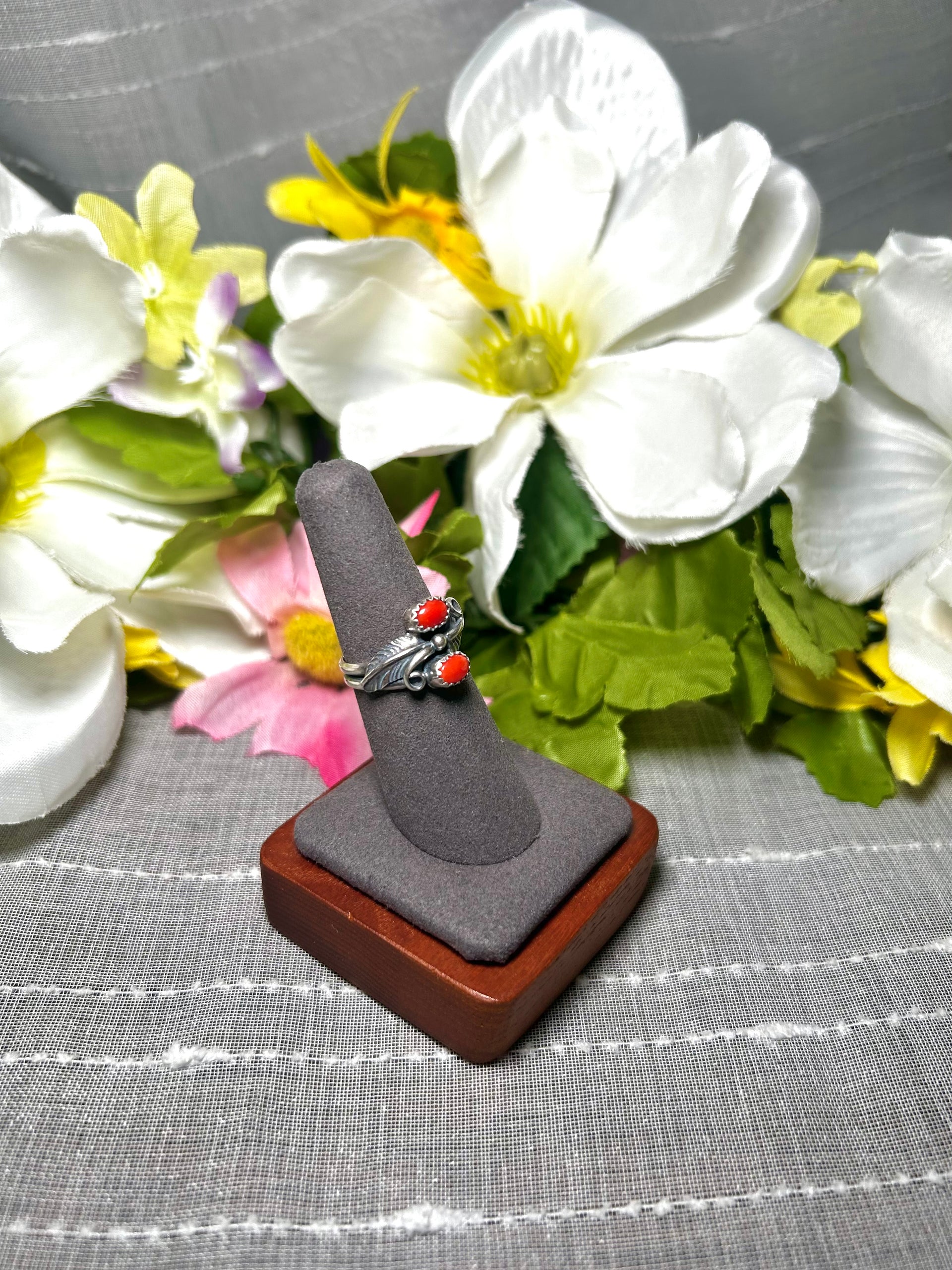 Harry Yazzie Red Coral & Sterling Silver Ring