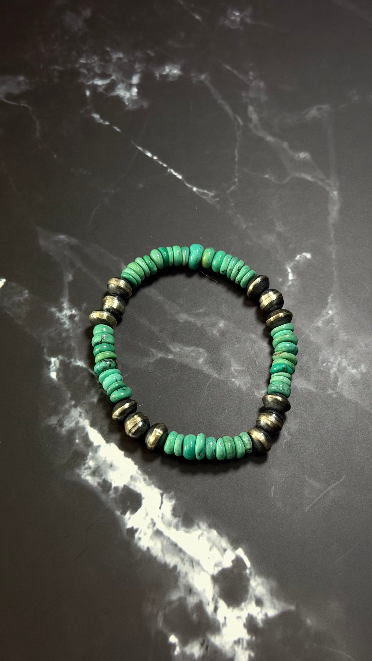 Navajo Strung Red Skin Turquoise & Sterling Silver HandMade Pearl Stretch Beaded Bracelet