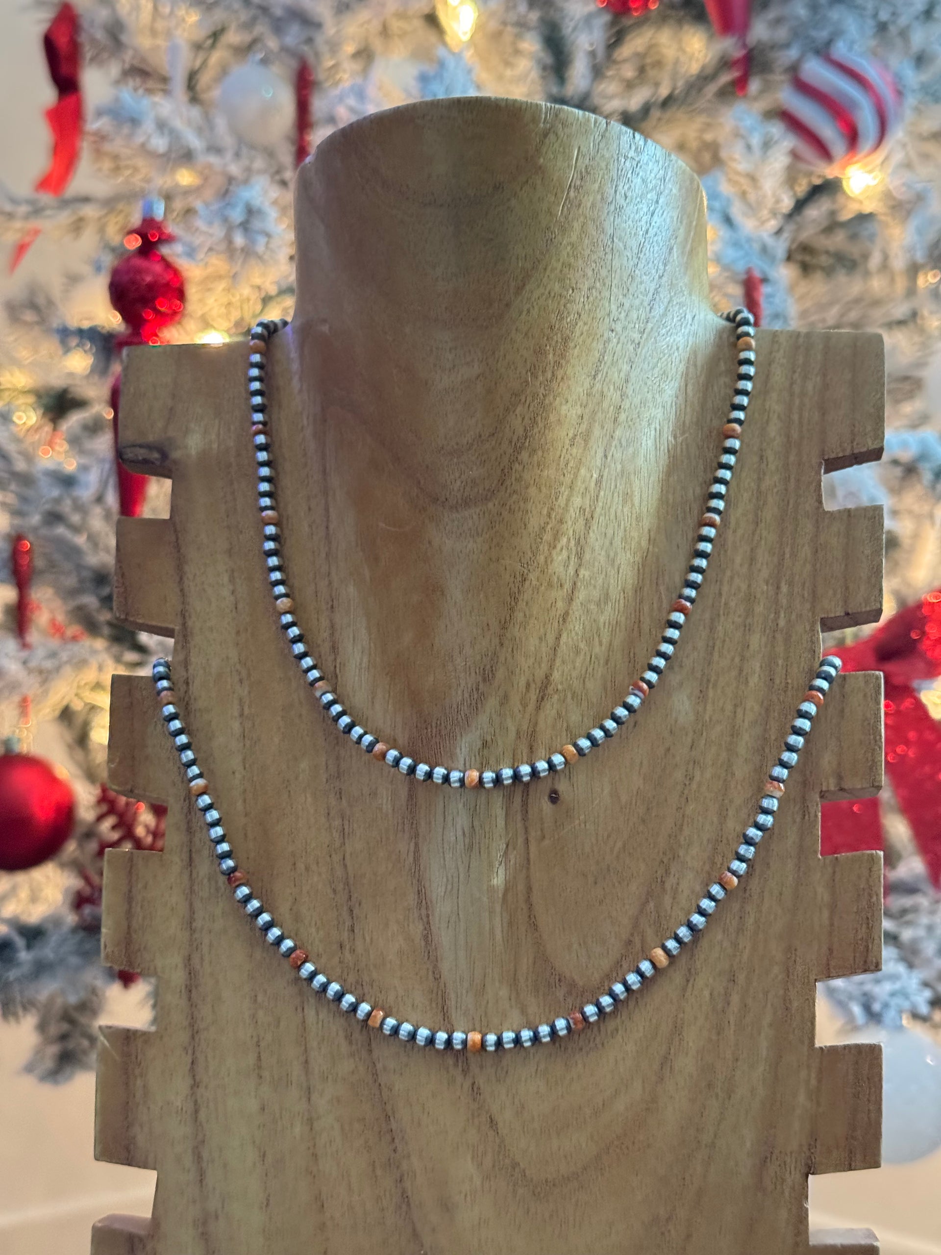 Navajo Strung Red/Orange Spiny Oyster & Sterling Silver Pearl Necklace