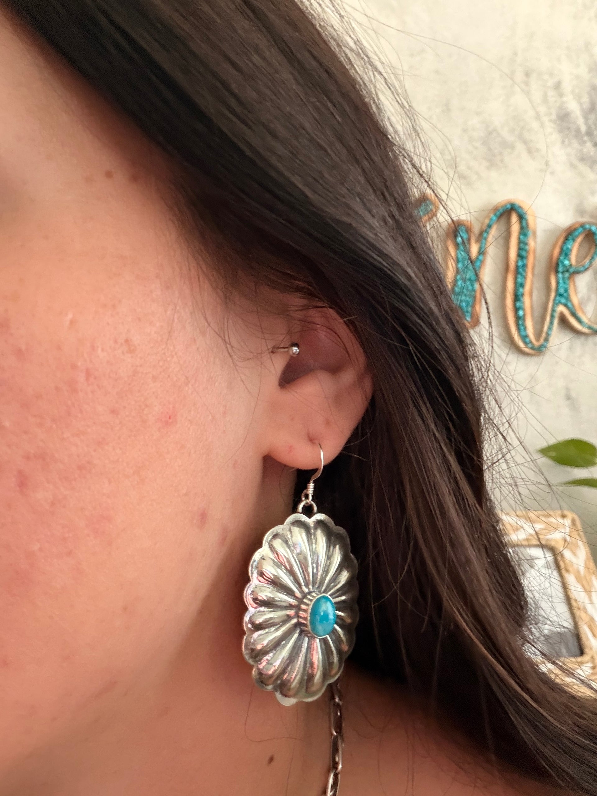 Navajo Made Kingman Turquoise & Sterling Silver Dangle Concho Earrings