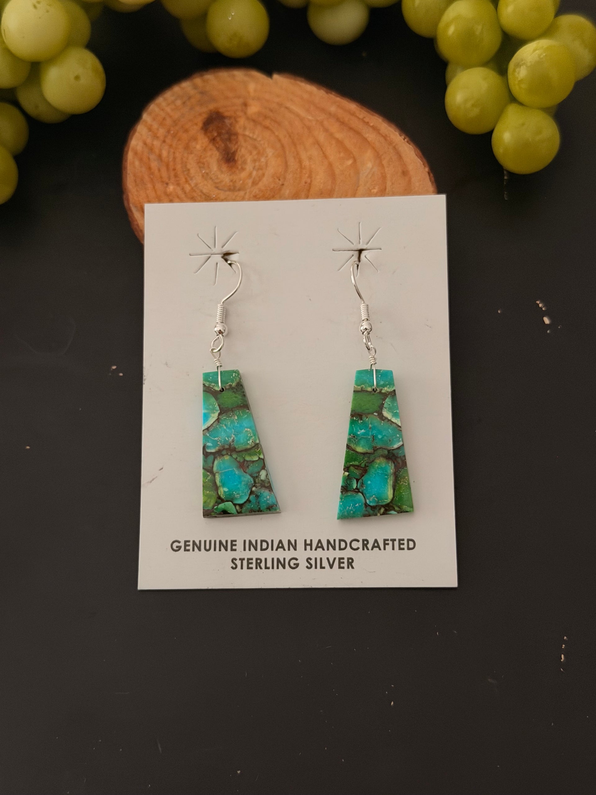 Navajo Made Green Mohave Turquoise & Sterling Silver Slab Dangle Earrings