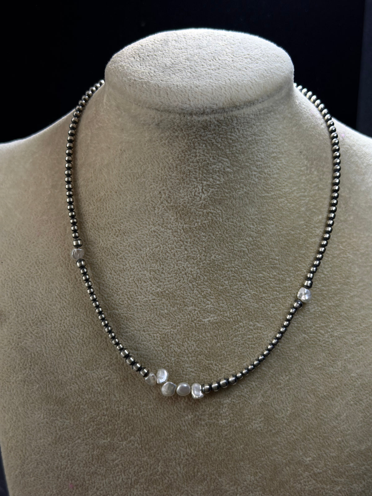 Navajo Strung Fresh Water Pearl & Sterling Silver Machine Made Beaded Pearl 16” Necklace