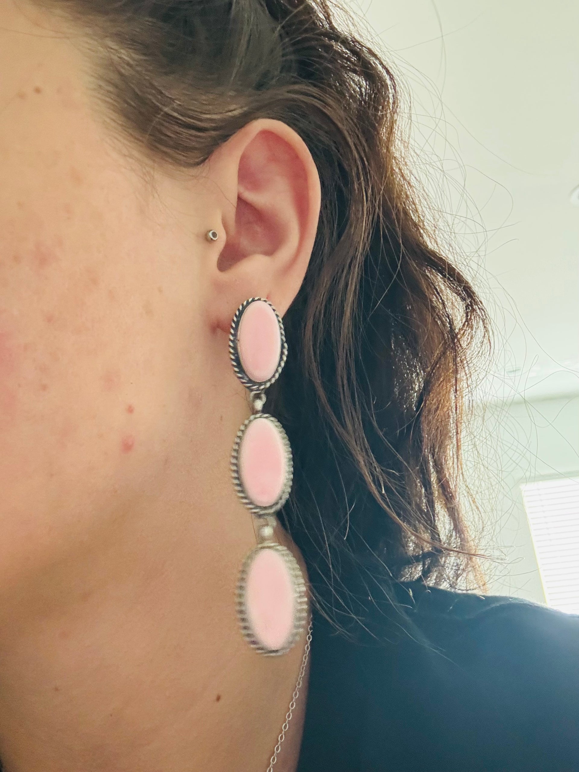 Navajo Made Pink Conch & Sterling Silver Post Dangle Earrings