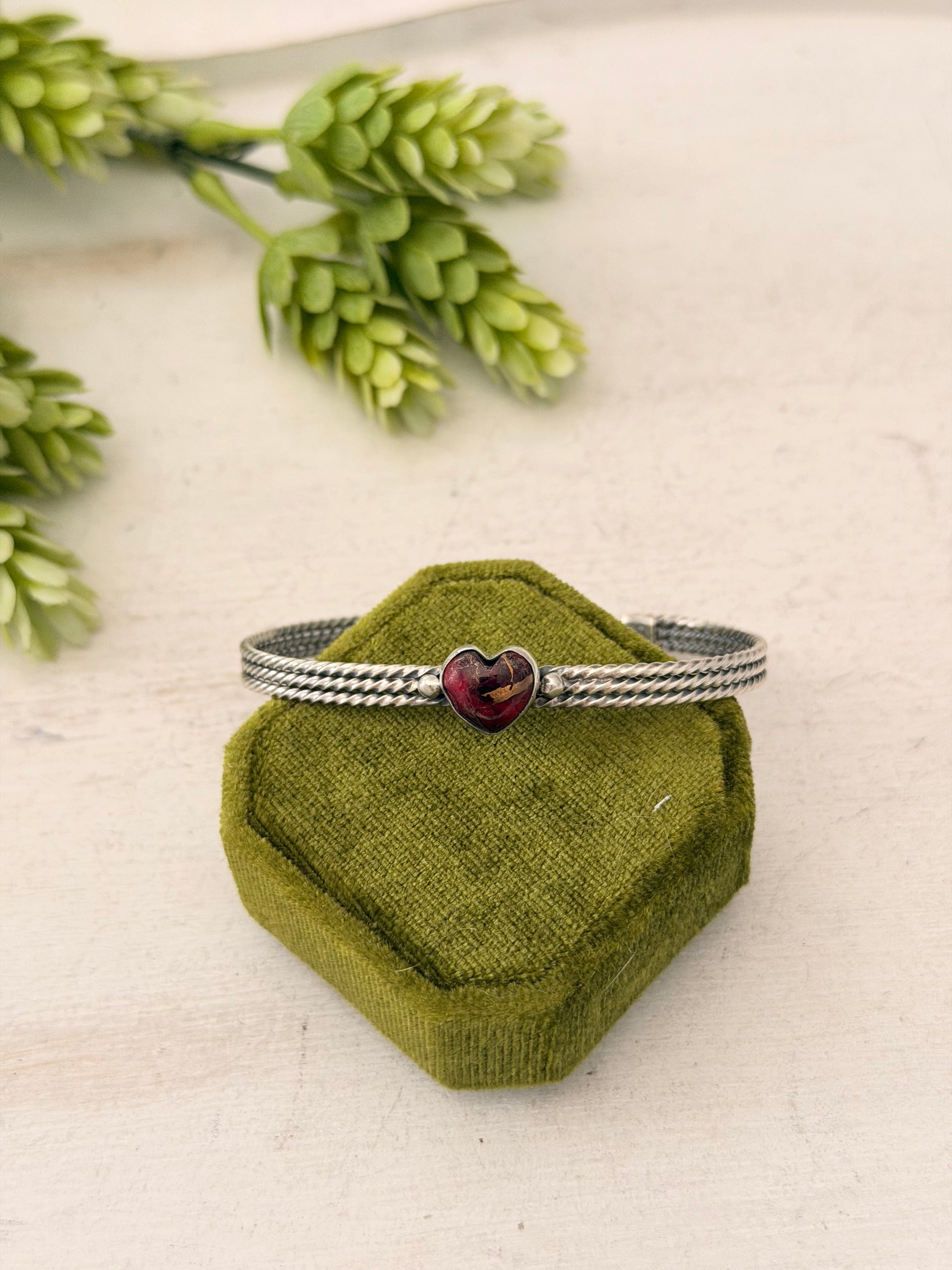 Navajo Made Rose Dahlia & Sterling Silver Heart Cuff Bracelet