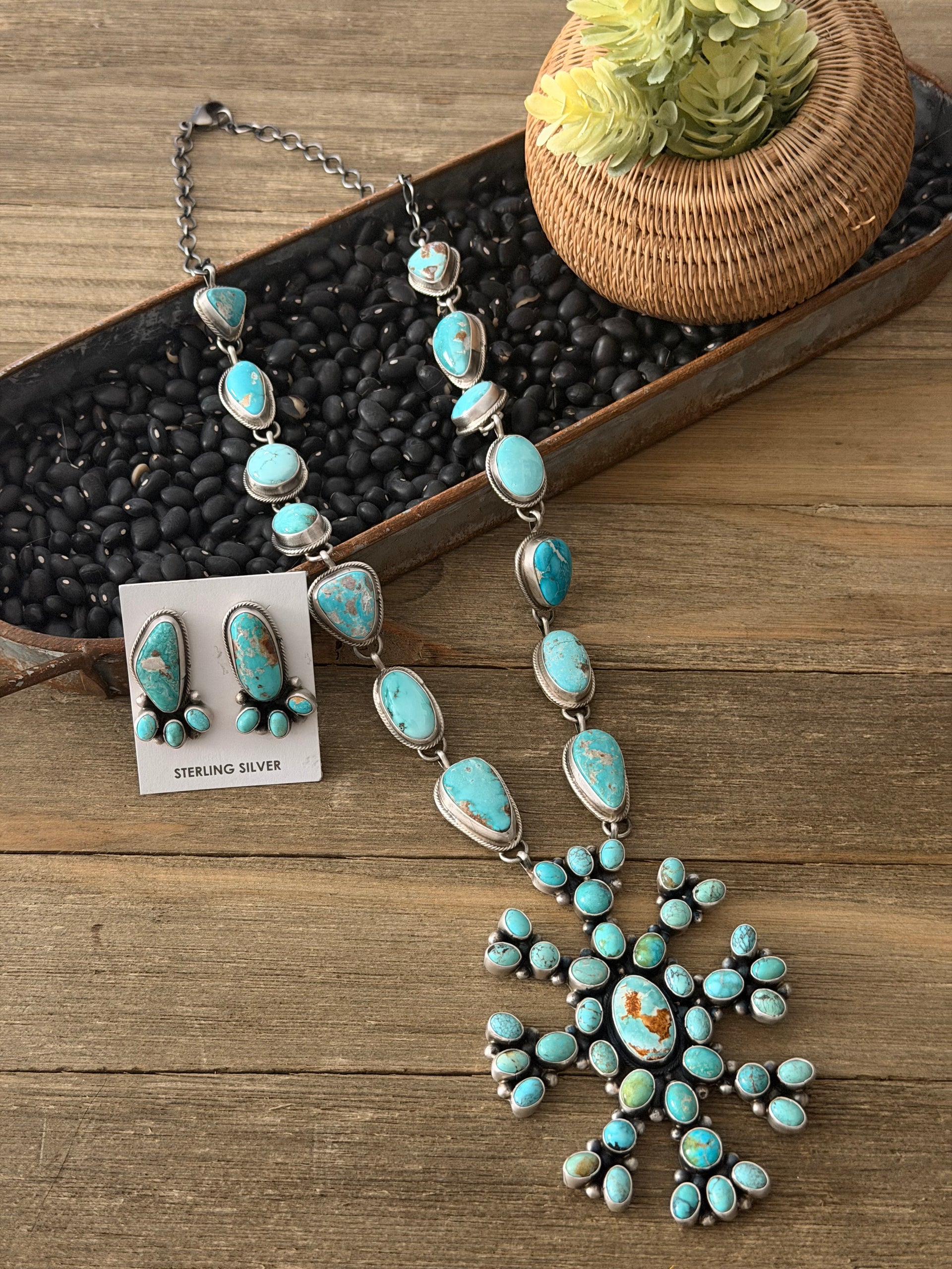 Sheila Becenti Carico Lake Turquoise & Sterling Silver Cluster Necklace Set