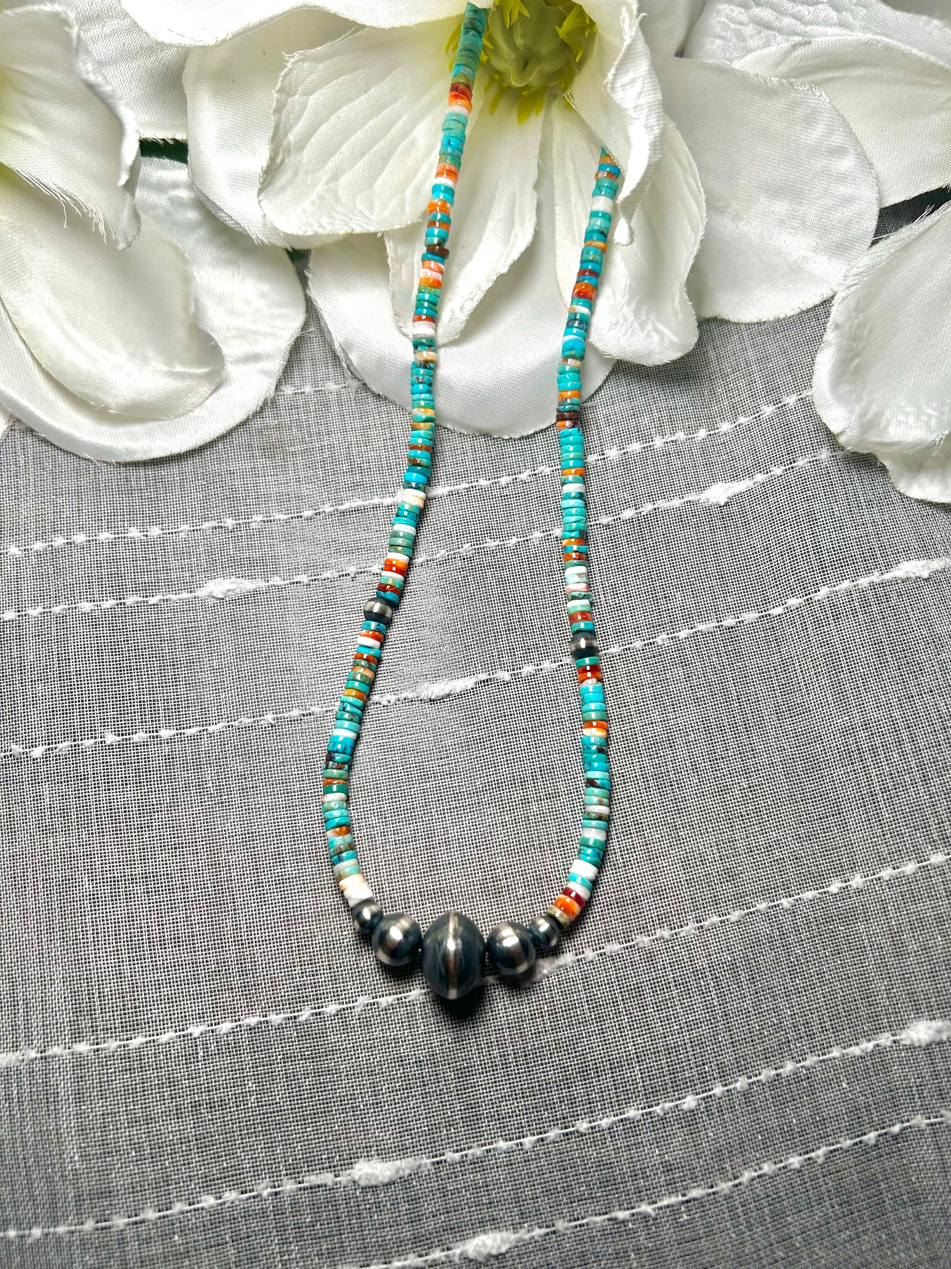 Navajo Made Strung Multi Stone & Sterling Silver Necklace