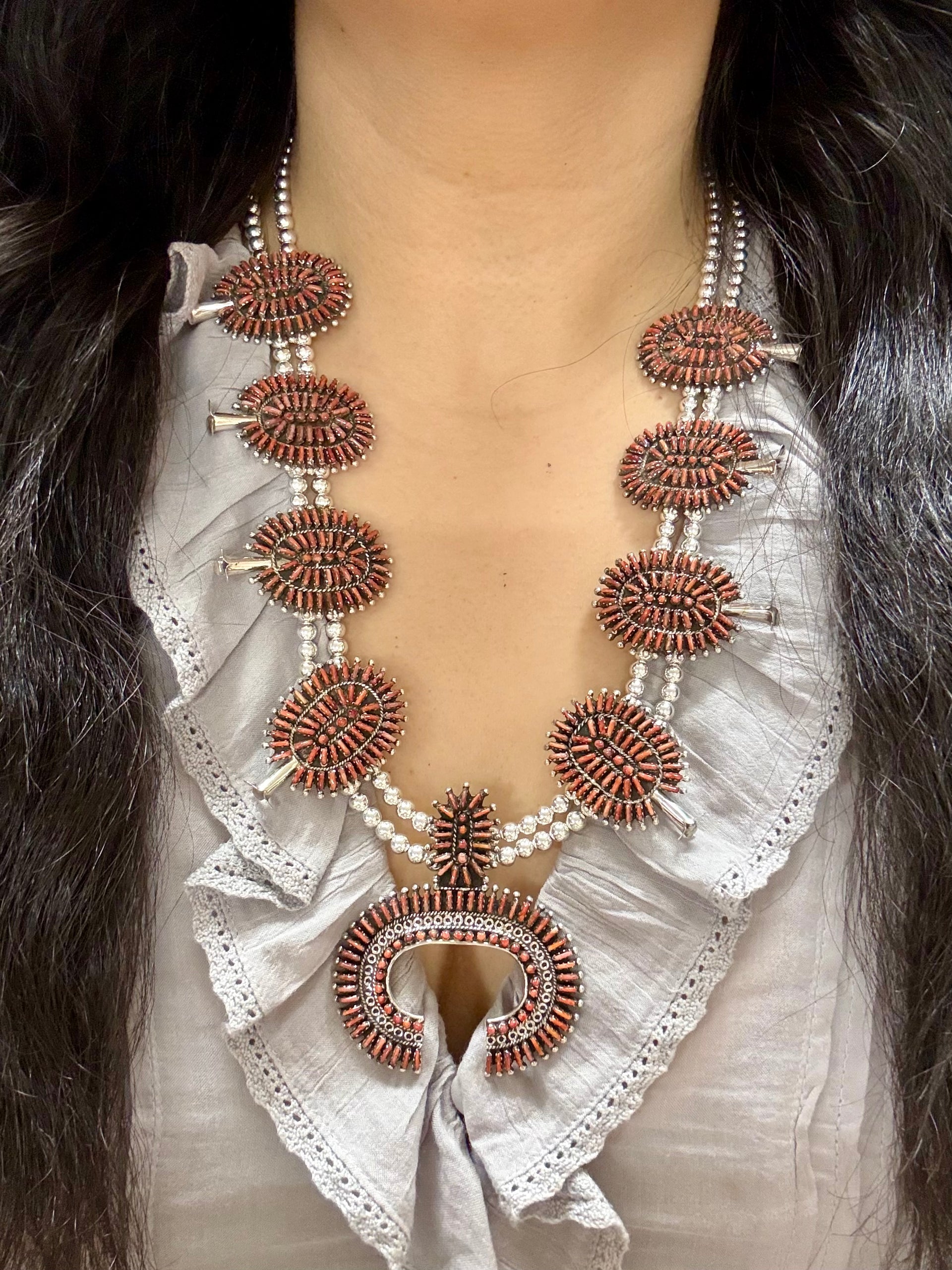 Southwest Handmade Red Spiny Oyster & Sterling Silver Necklace Set
