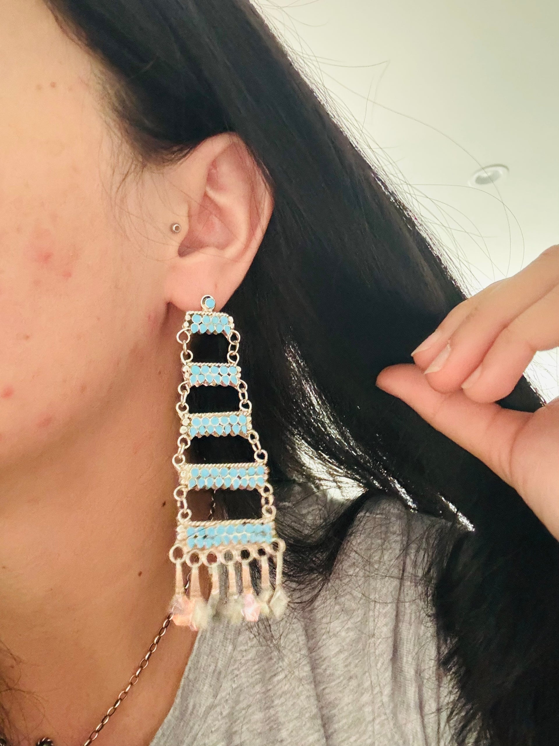 Zuni Made Kingman Turquoise & Sterling Silver Post Dangle Earrings