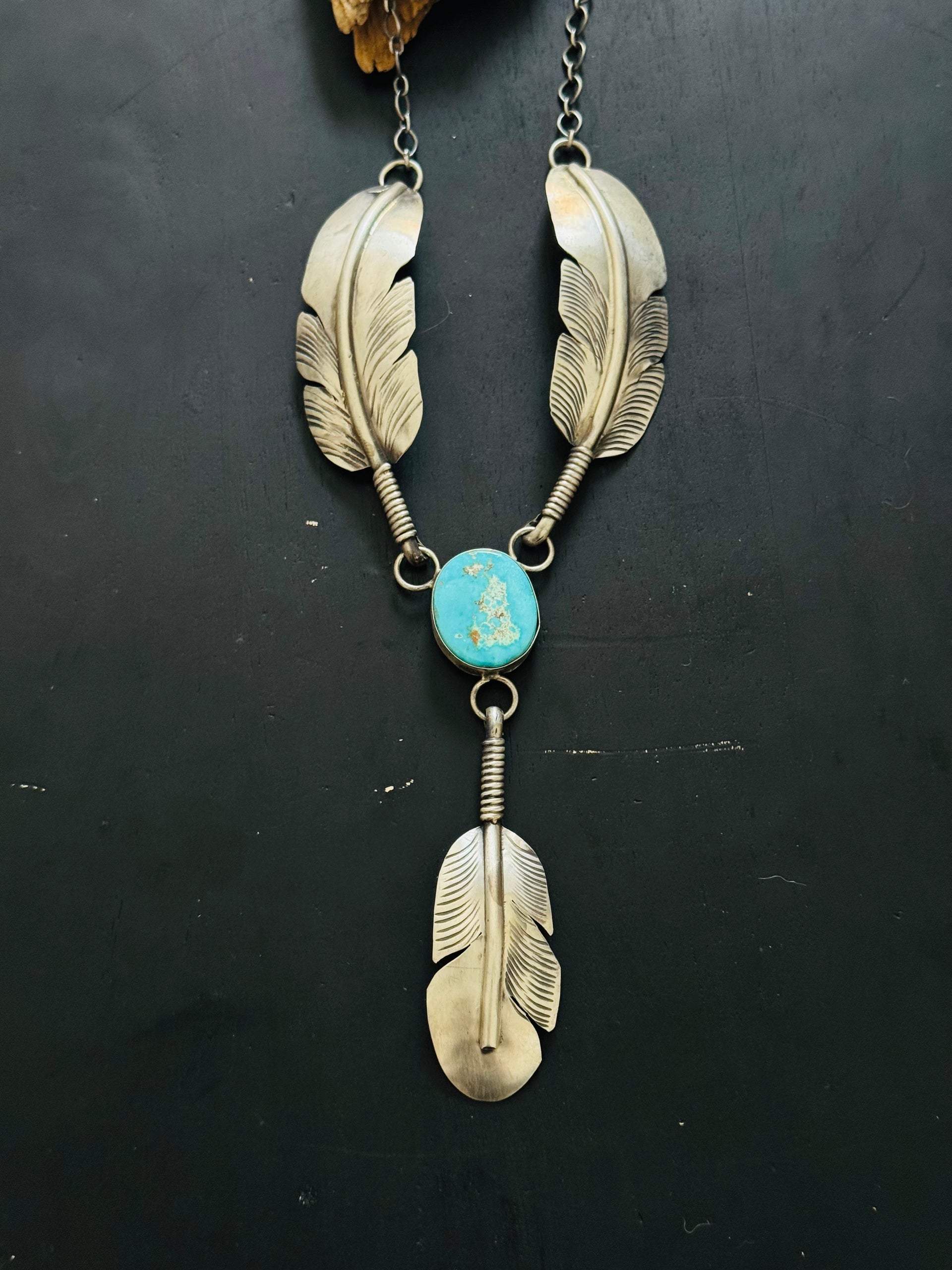 Navajo Made Royston Turquoise and Sterling Silver Feather Necklace
