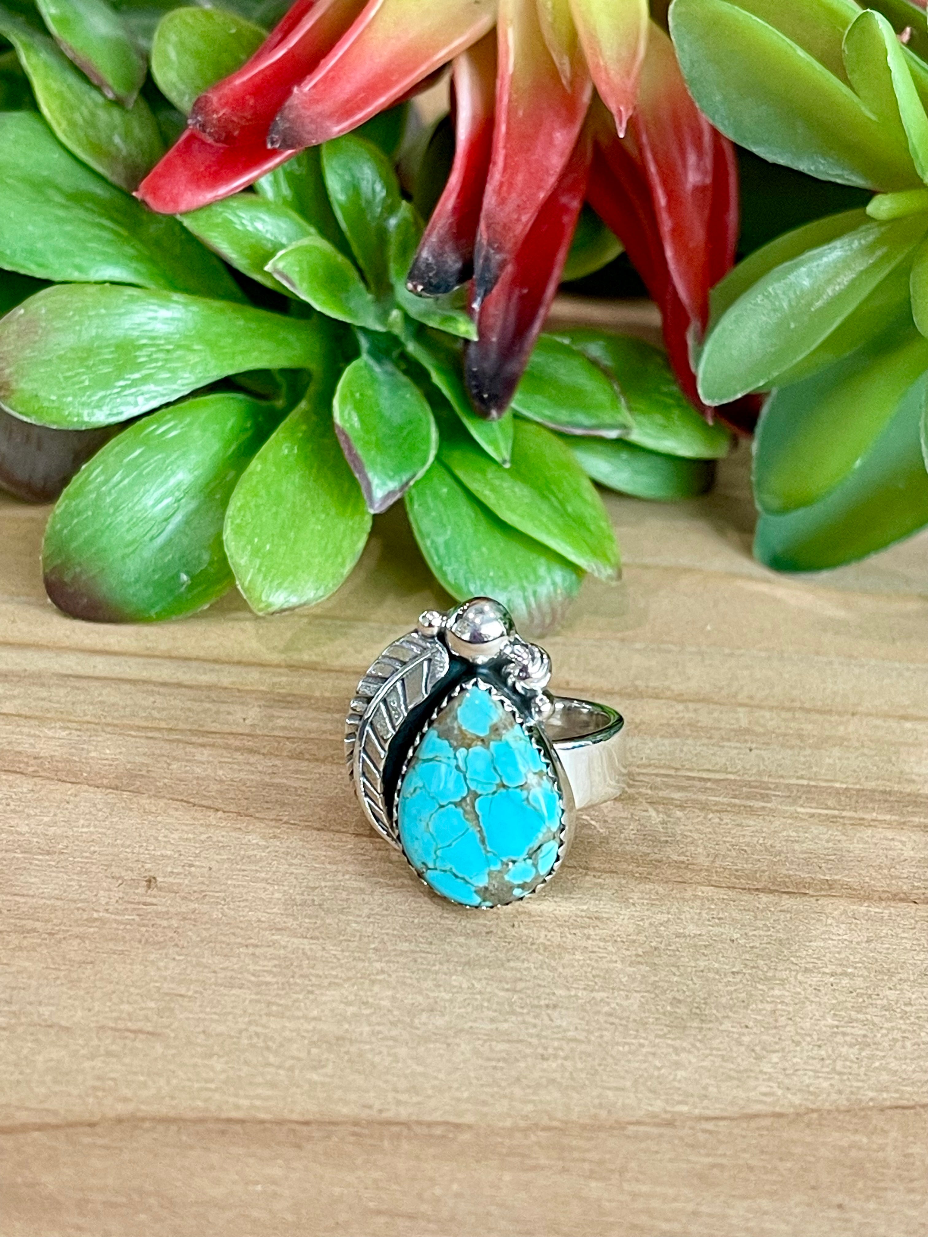 Southwest Number 8 Turquoise & Sterling Silver Adjustable Feather Ring