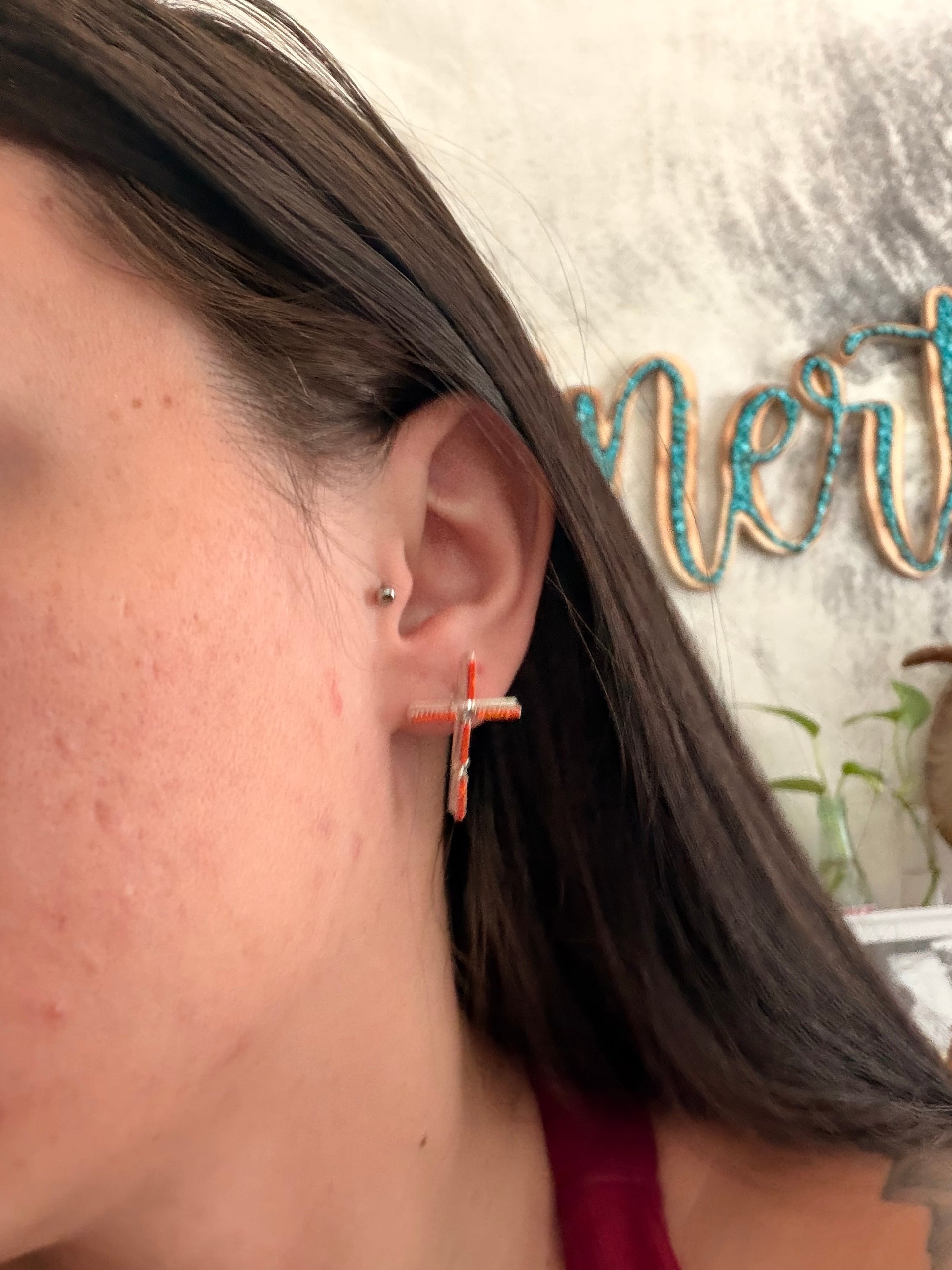 Zuni Made Opal (Man Made) & Sterling Silver Post Cross Earrings
