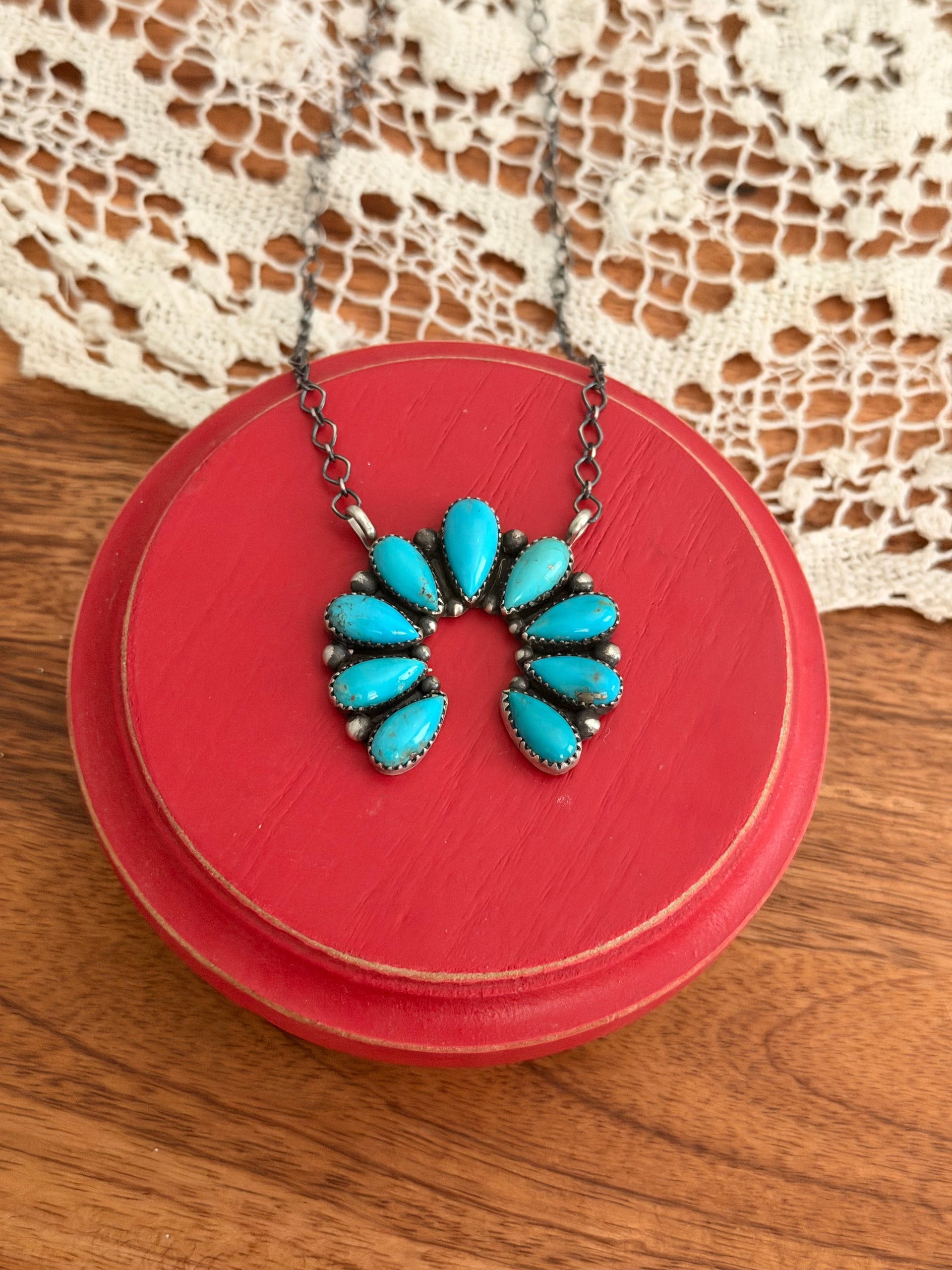 Navajo Made Kingman Turquoise & Sterling Silver Naja Necklace