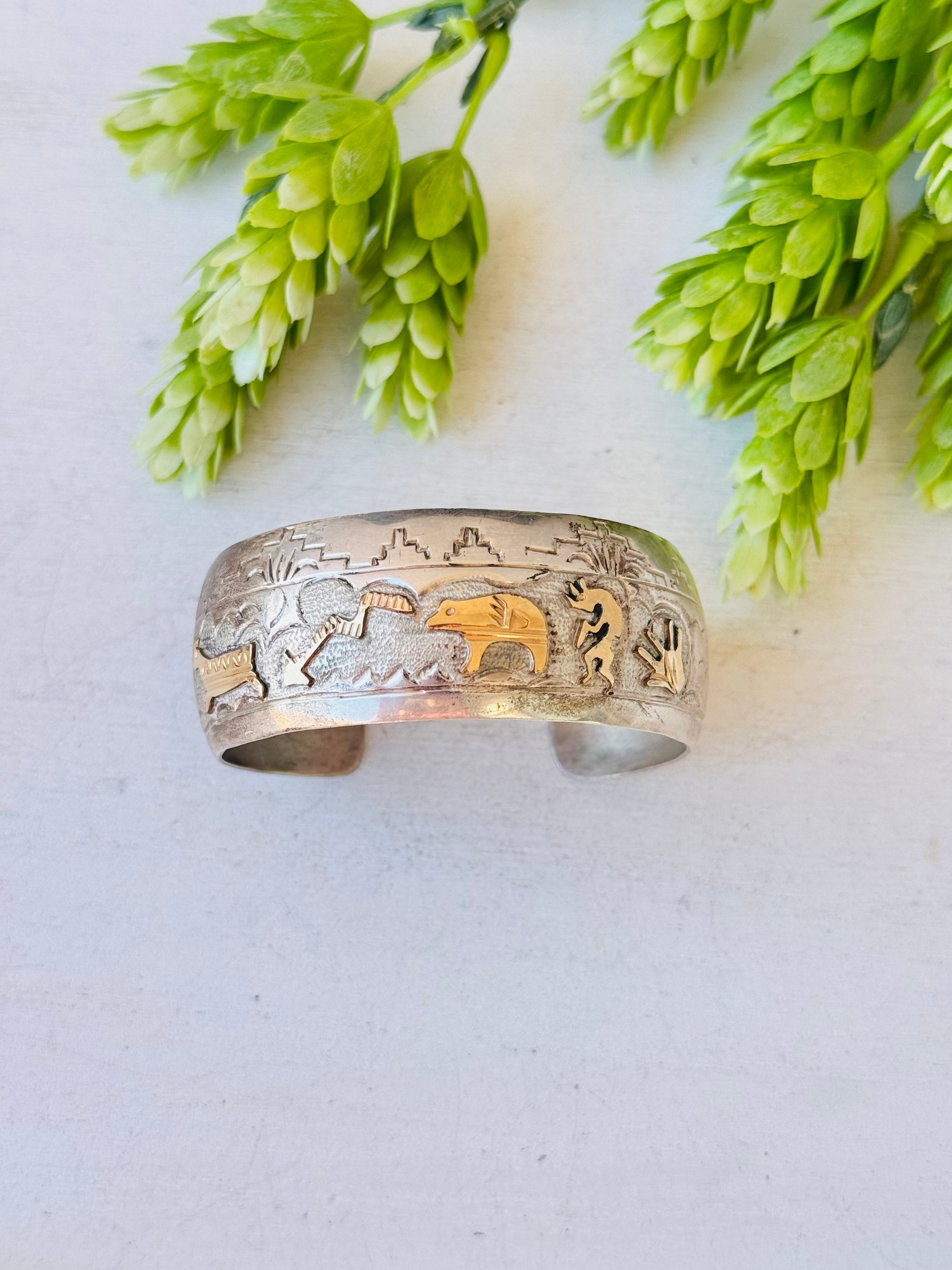 Vintage Navajo Made 12 K Gold Filled Sterling Silver Story Teller Cuff Bracelet