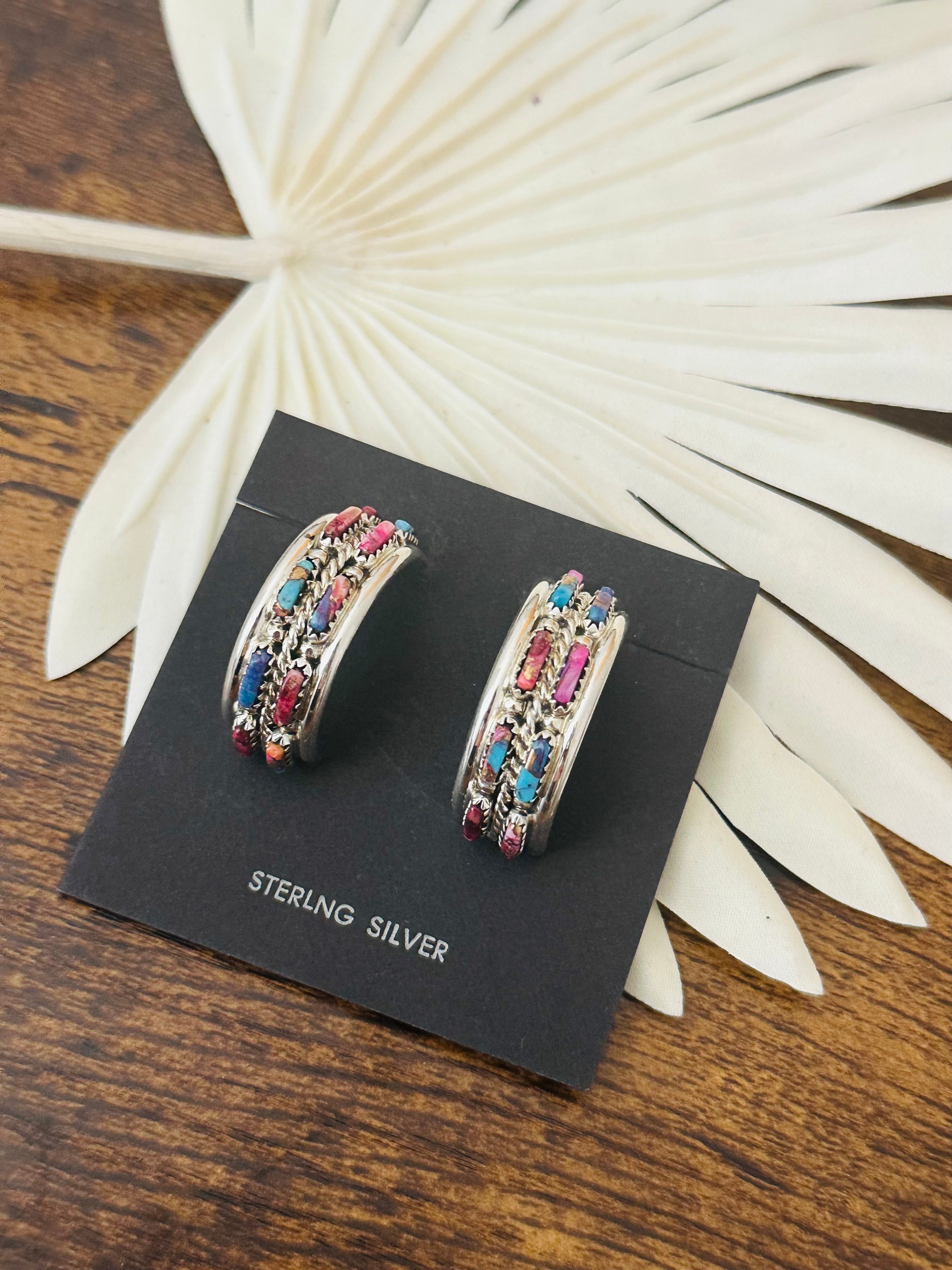 Navajo Made Pink Mohave Turquoise & Sterling Silver Post Hoop Earrings