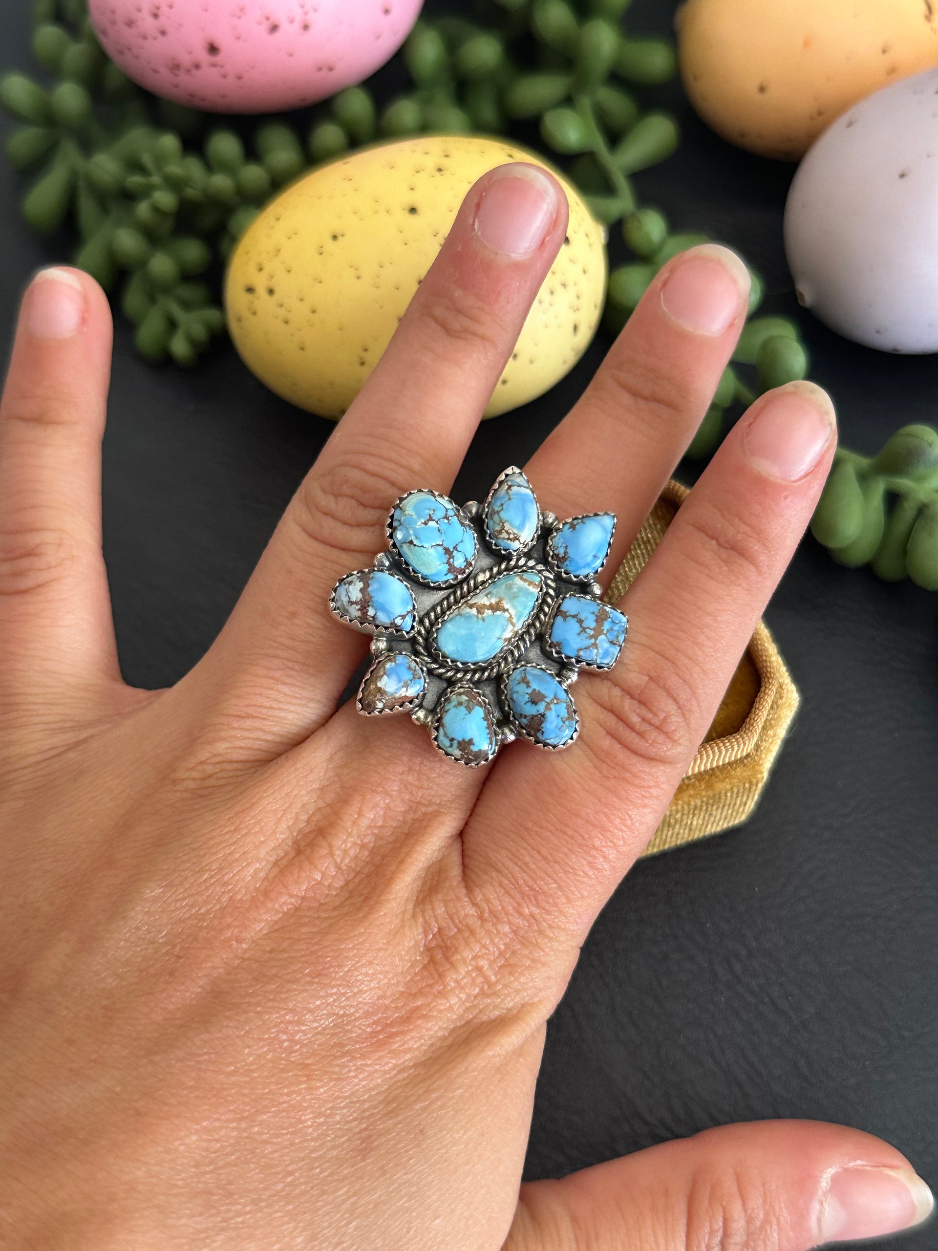 Southwest Handmade Golden Hills Turquoise & Sterling Silver Adjustable Cluster Ring