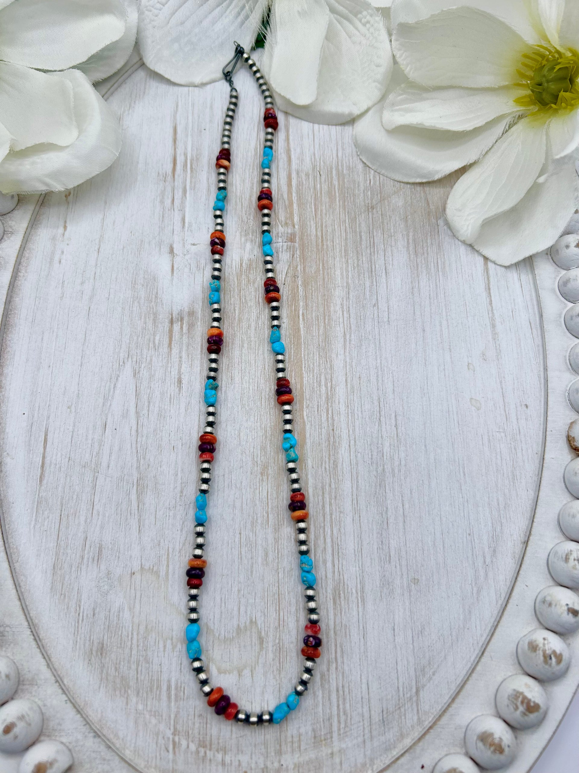 Navajo Made Strung Multi Stone & Sterling Silver Necklace