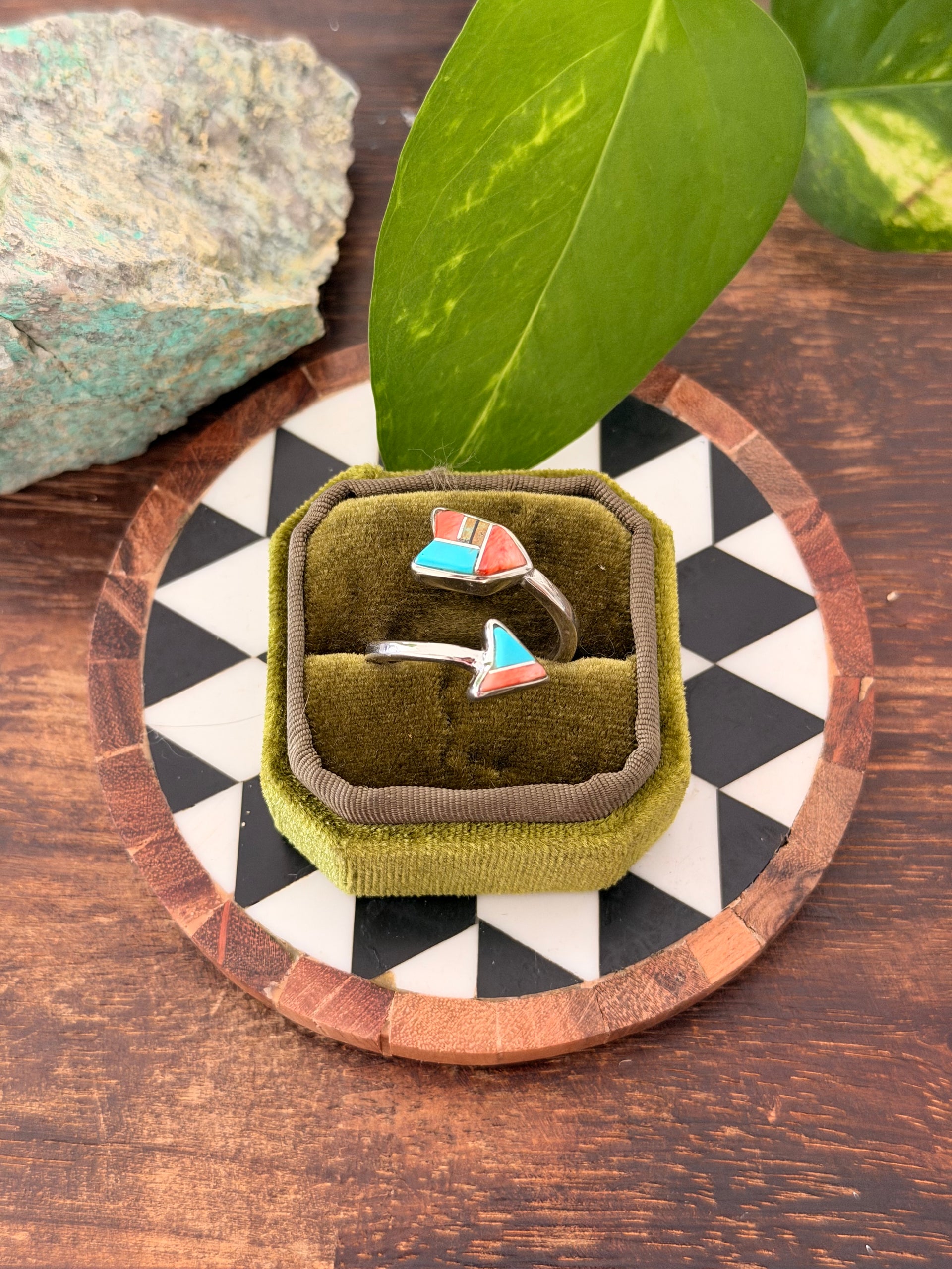 Navajo Made Multi Stone & Sterling Silver Inlay Arrow Adjustable Ring