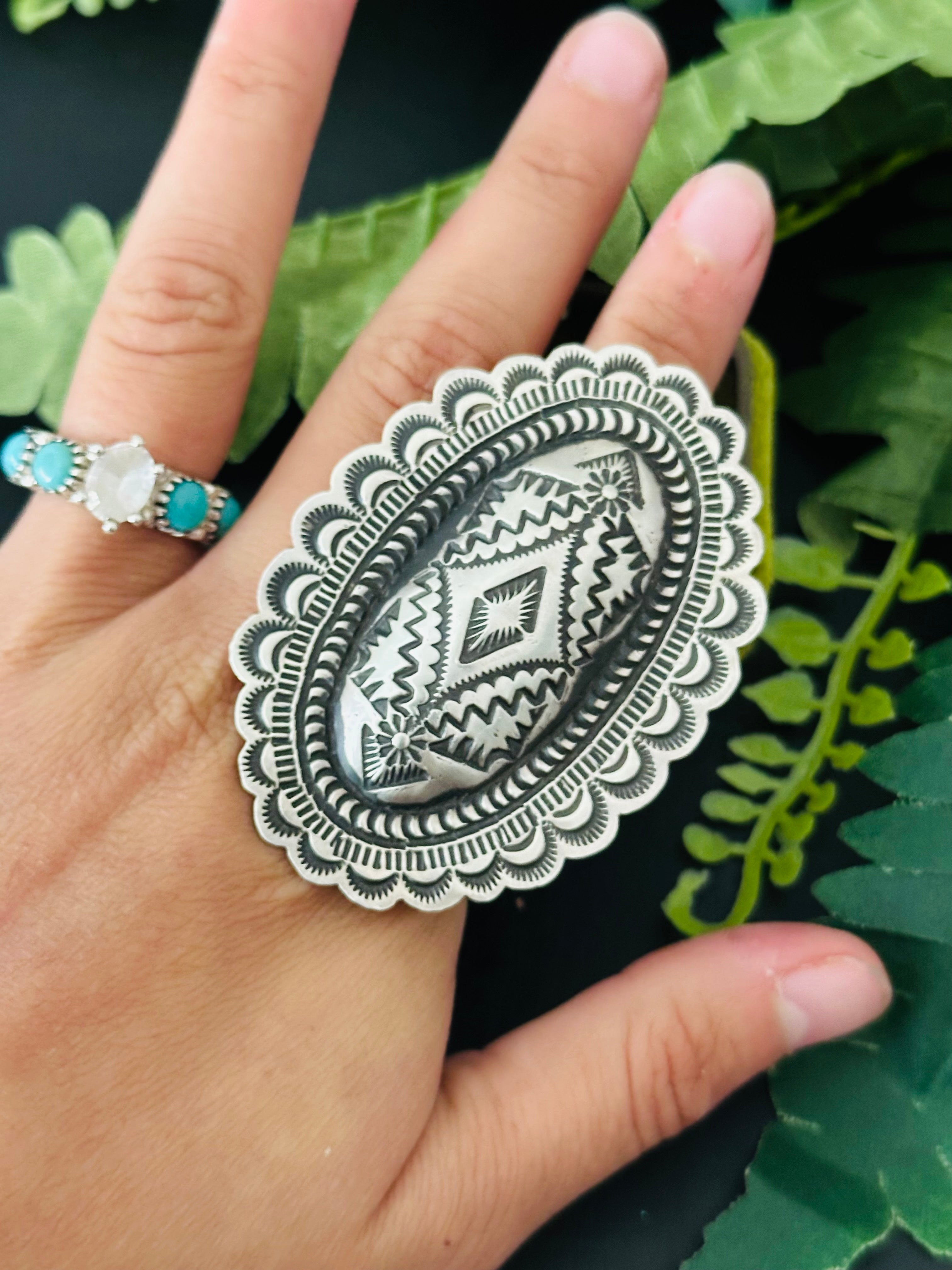 Leander Tahe Sterling Silver Concho Adjustable Ring