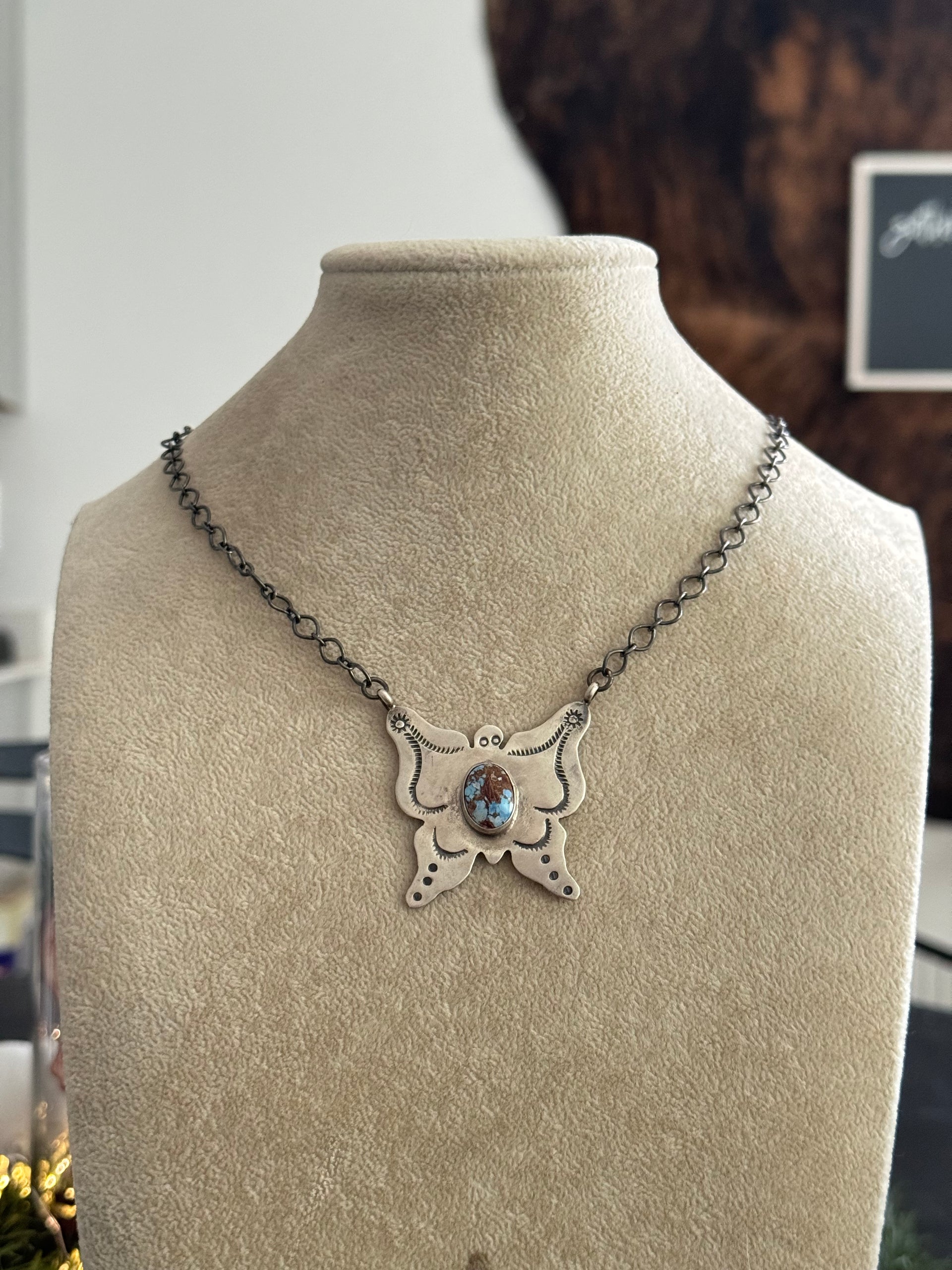 Navajo Made Golden Hills Turquoise & Sterling Silver Butterfly Necklace