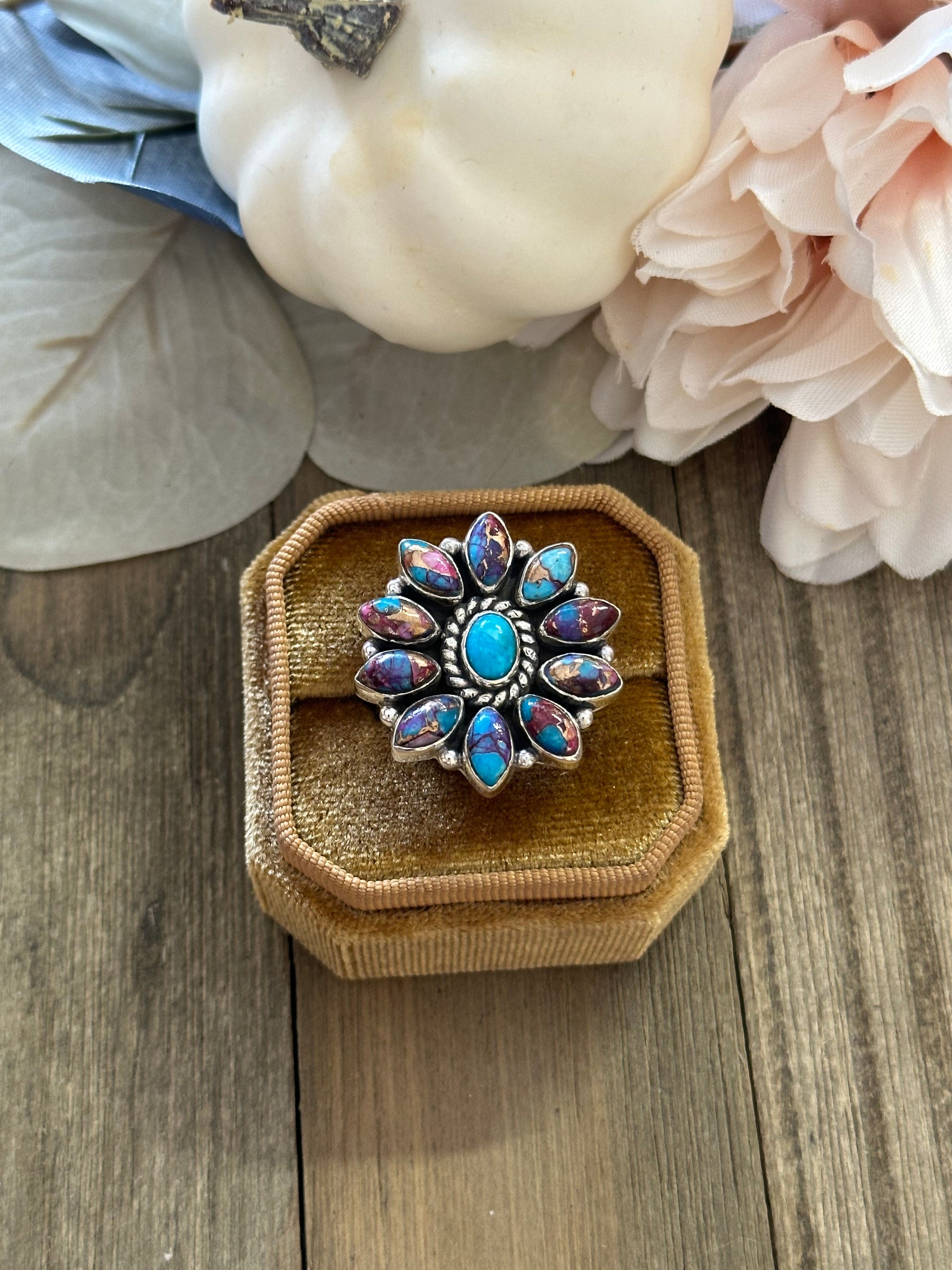 Southwest Handmade Mohave Turquoise & Sterling Silver Adjustable Cluster Ring