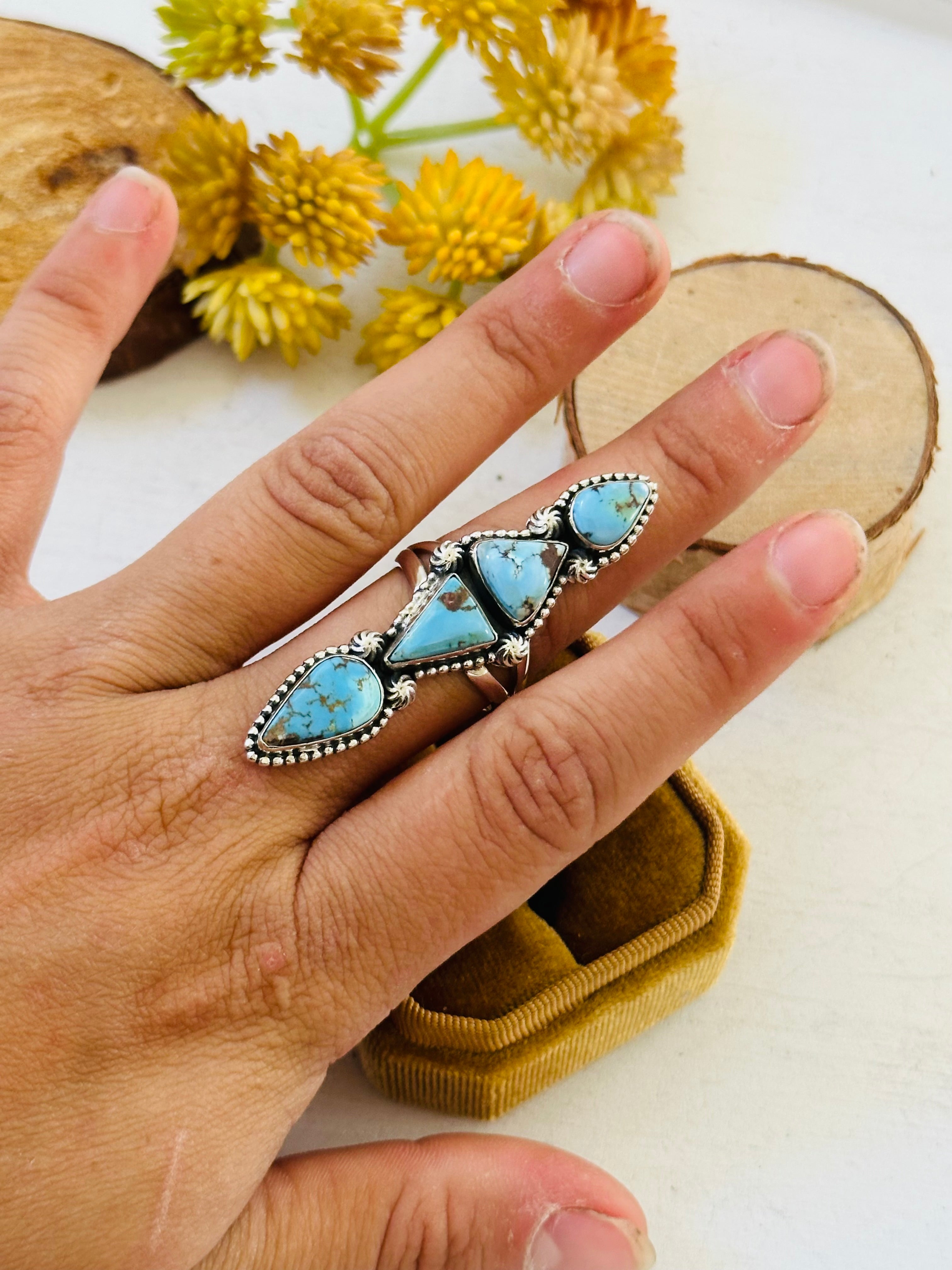 Southwest Handmade Golden Hills Turquoise & Sterling Silver Ring Size 8.75