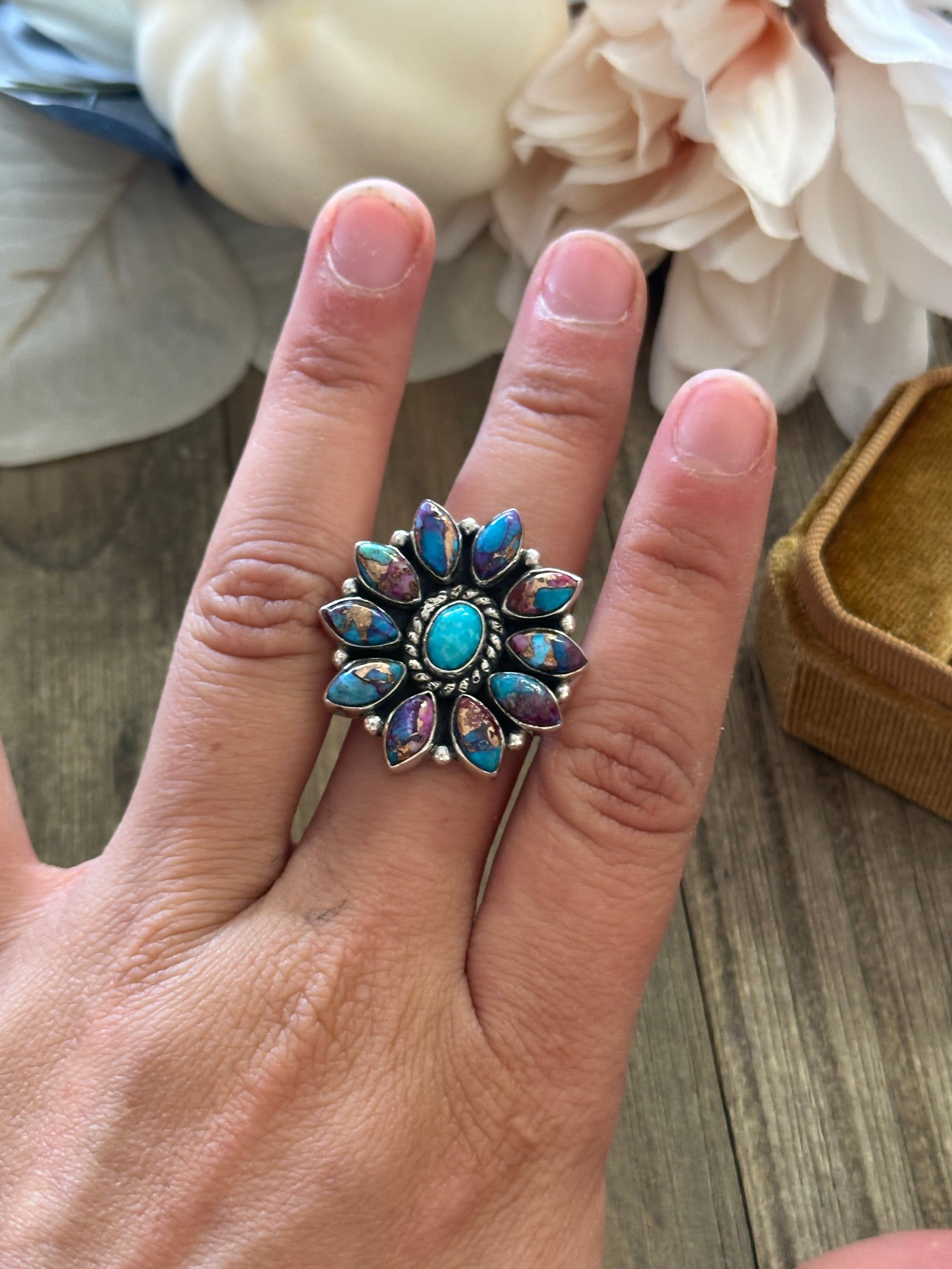 Southwest Handmade Mohave Turquoise & Sterling Silver Adjustable Cluster Ring