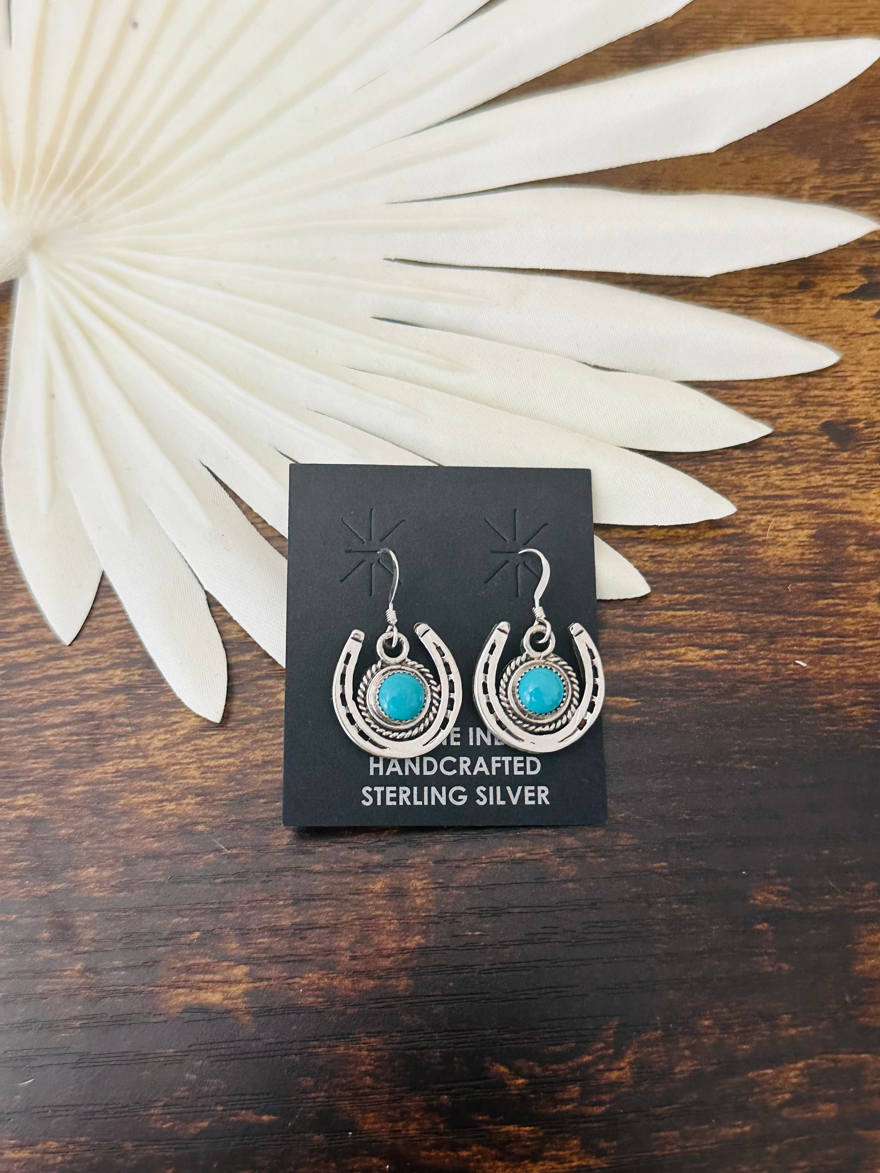 Navajo Made Kingman Turquoise & Sterling Silver Horse Shoe Dangle Earrings