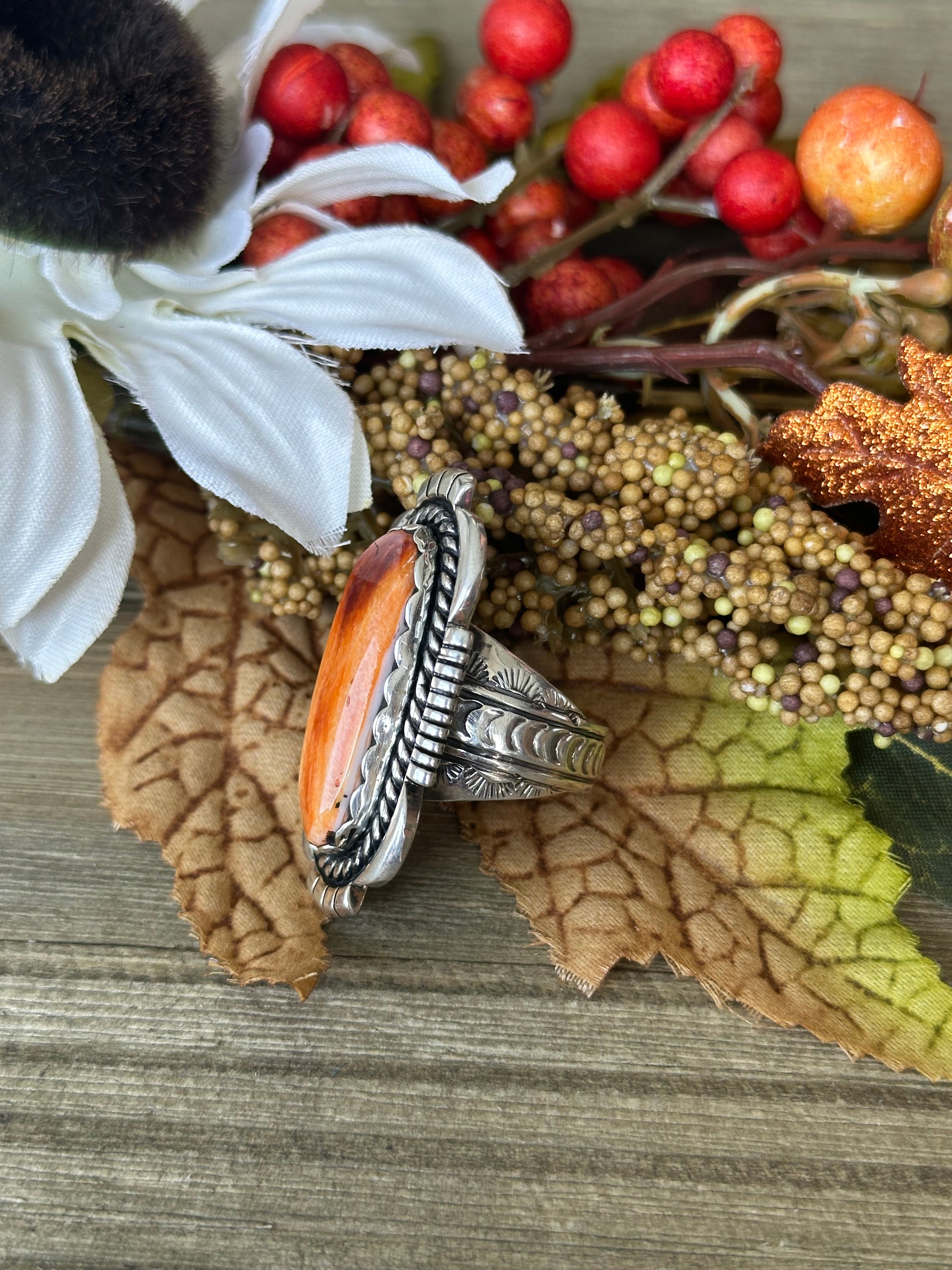 Navajo Handmade Spiny Oyster & Sterling Silver Ring Size 10.75