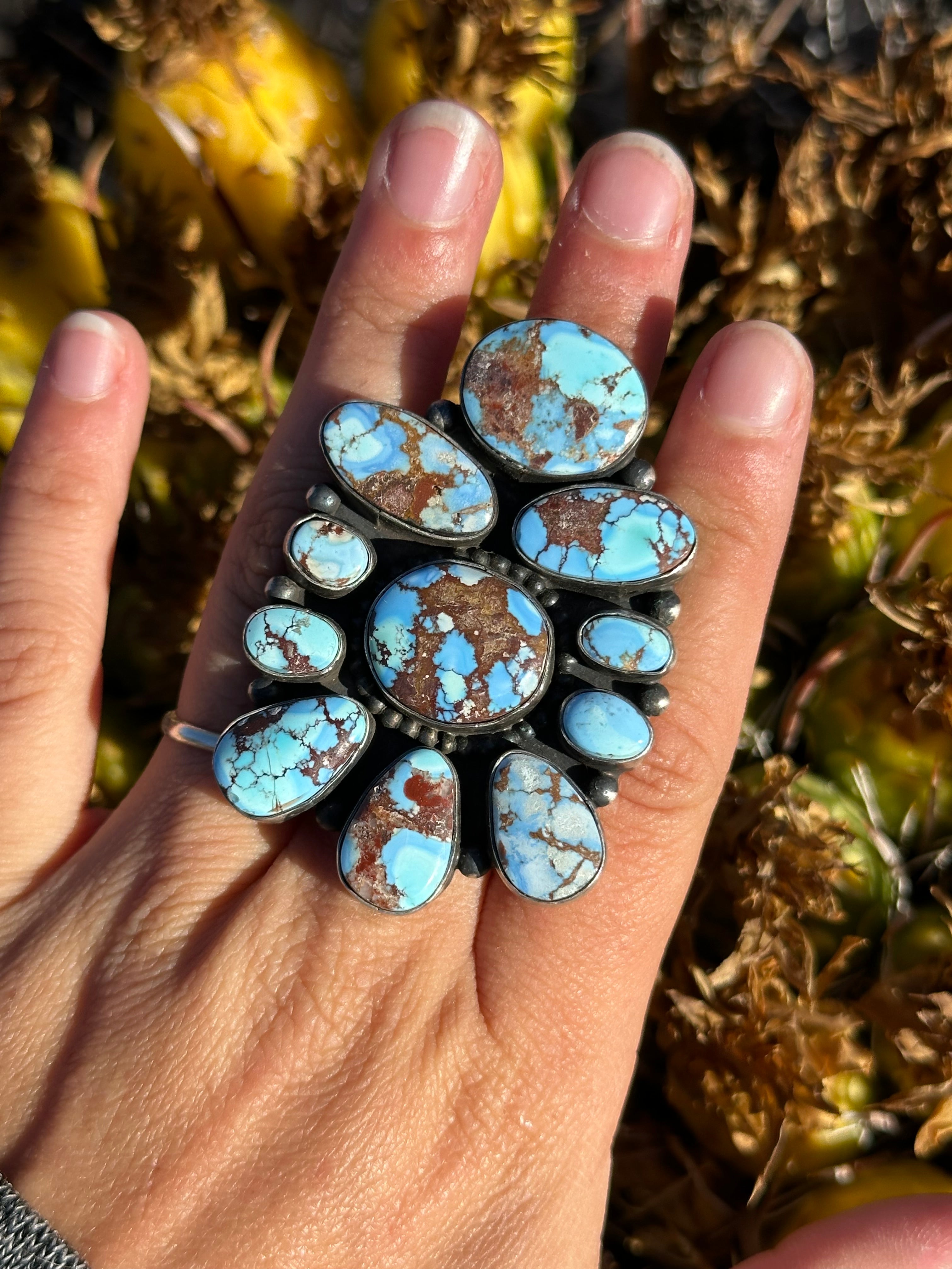 Navajo Made Golden Hills Turquoise & Sterling Silver Cluster Ring Size 7