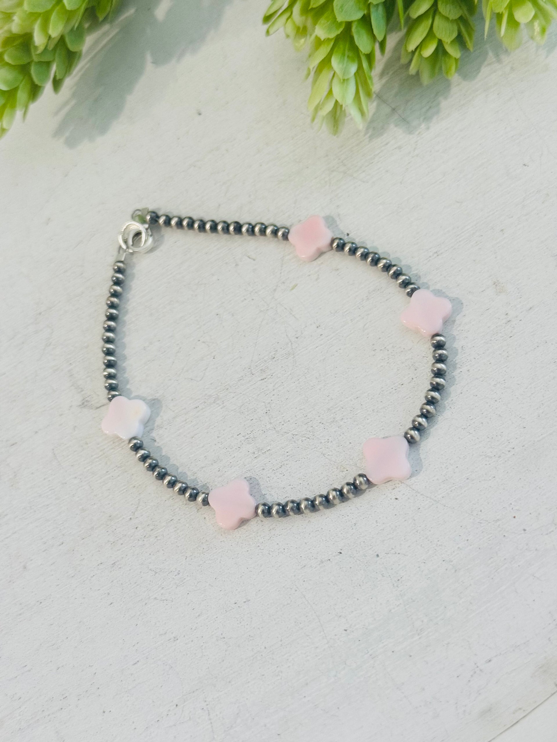 Southwest Strung Pink Conch & Sterling Silver Beaded Anklet