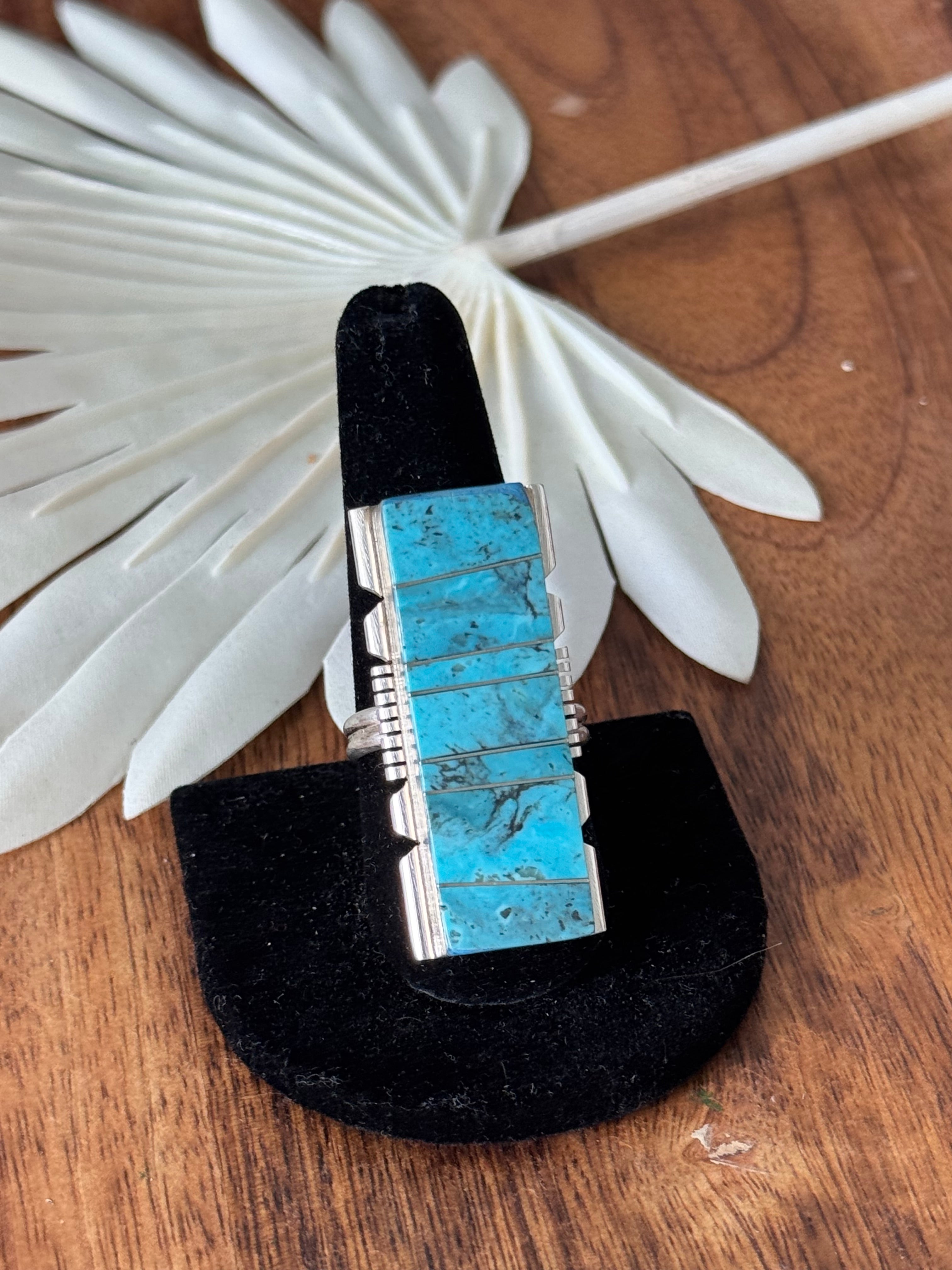 Navajo Made Kingman Turquoise & Sterling Silver Inlay Adjustable Ring