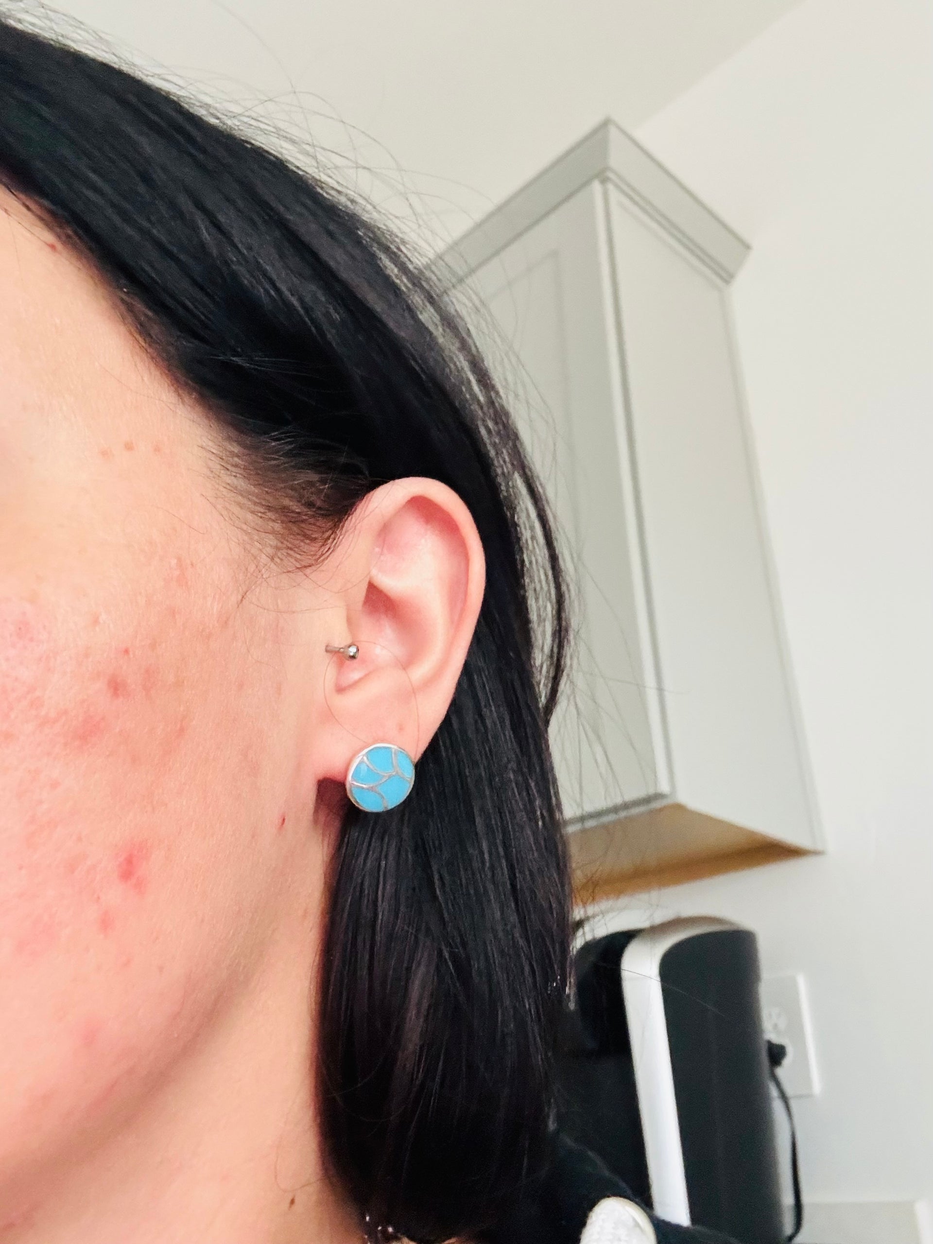 Zuni Made Kingman Turquoise & Sterling Silver Inlay Earrings