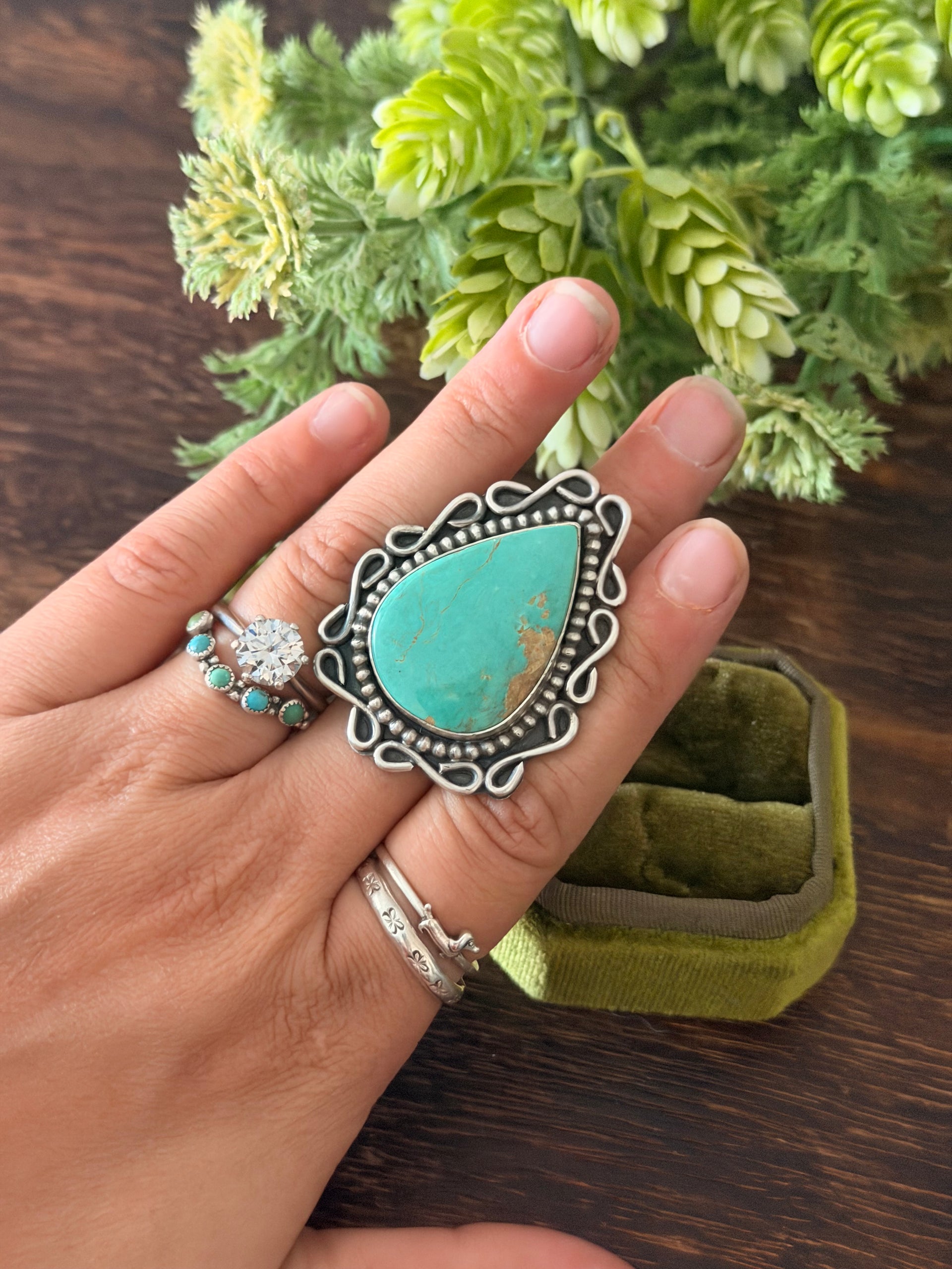 Navajo Made Kingman Turquoise & Sterling Silver Adjustable Ring