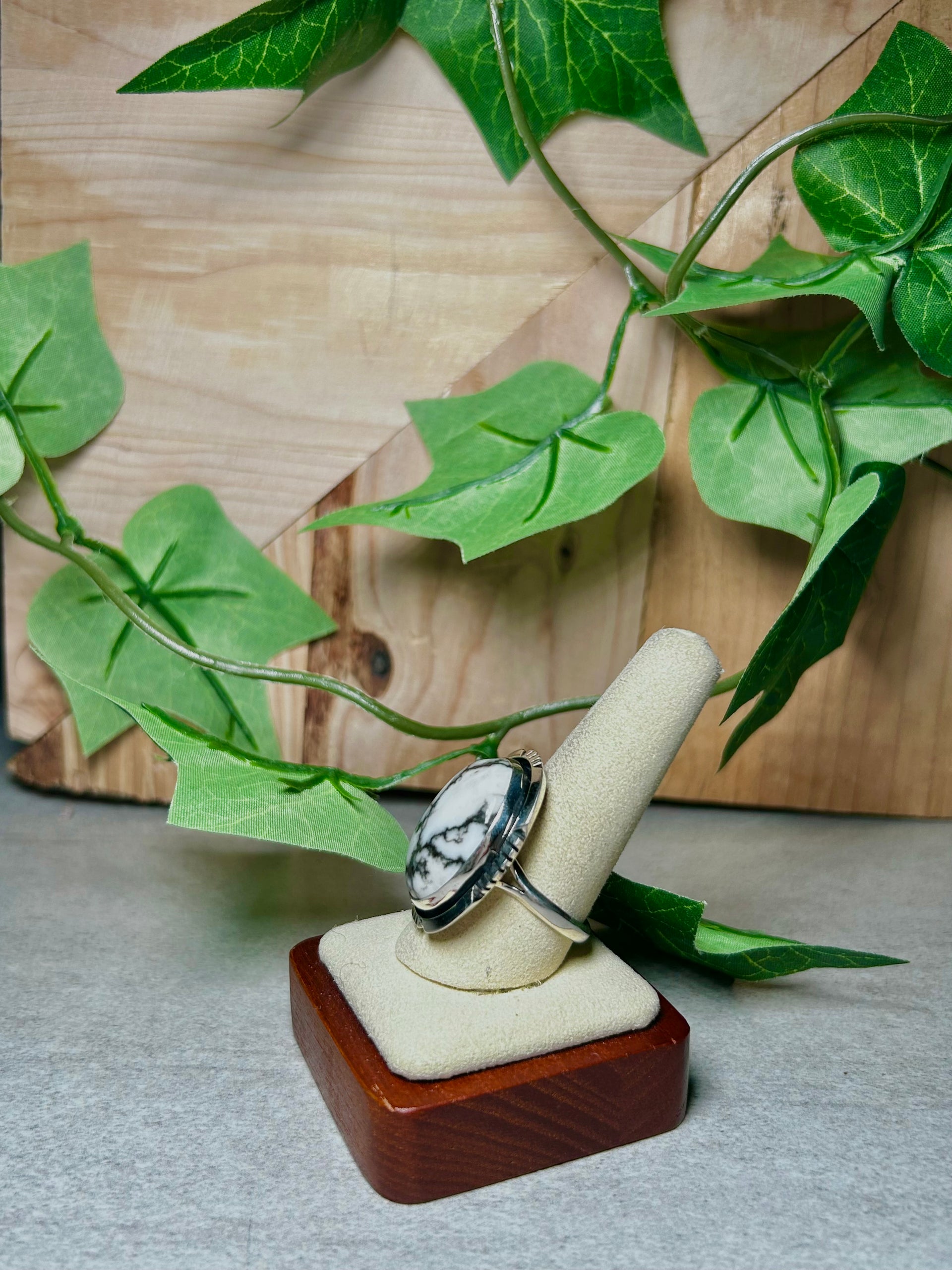 Navajo Made White Buffalo and Sterling Silver Ring Size 10.5